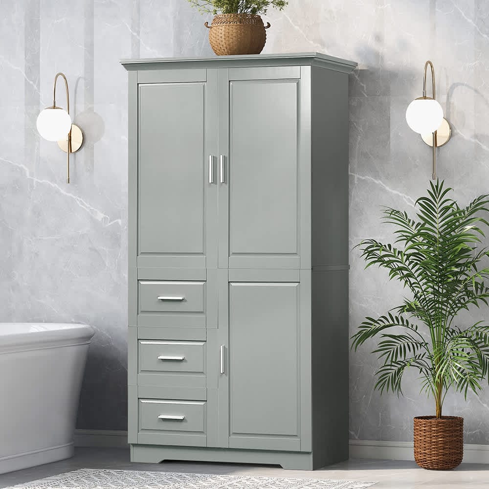 JUJABU Grey Tall Storage Cabinet with Doors for Bathroom with Three Drawers