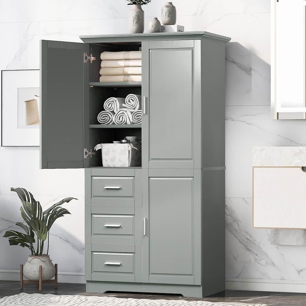 JUJABU Grey Tall Storage Cabinet with Doors for Bathroom with Three Drawers - Image 3