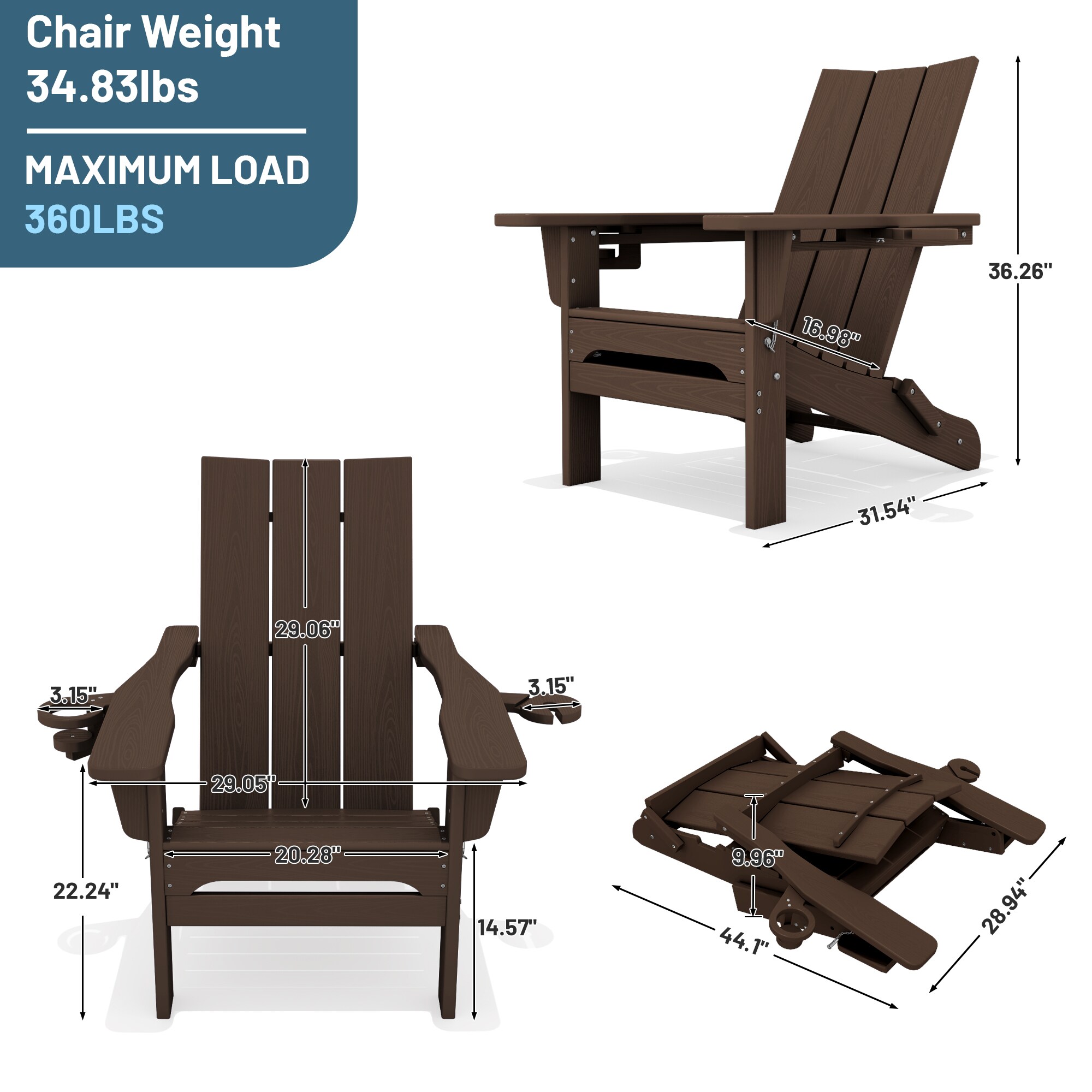 VOUA Folding Adirondack Chair with Dual Cup Holders Coffee HDPE Frame Stationary Adirondack Chair with Slat Seat - Image 3