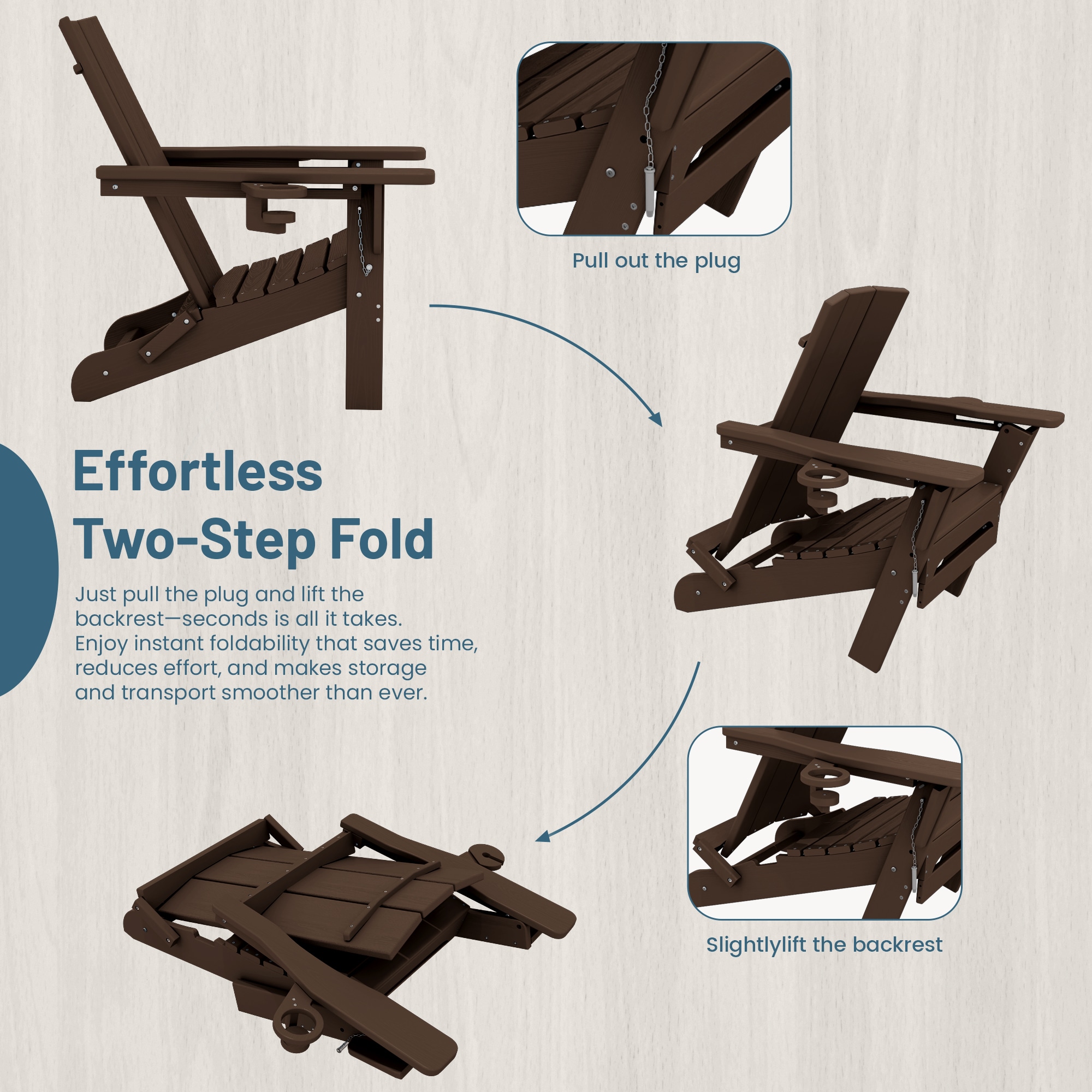 VOUA Folding Adirondack Chair with Dual Cup Holders Coffee HDPE Frame Stationary Adirondack Chair with Slat Seat - Image 5