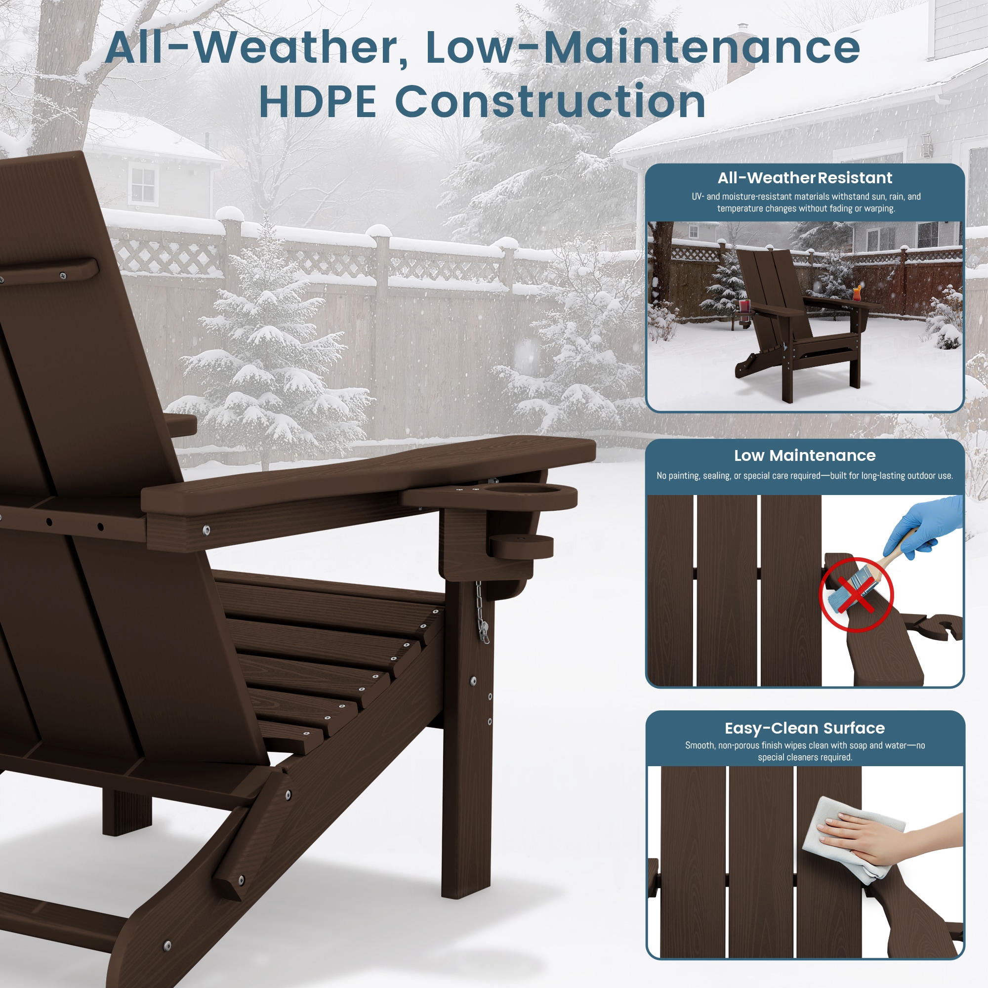 VOUA Folding Adirondack Chair with Dual Cup Holders Coffee HDPE Frame Stationary Adirondack Chair with Slat Seat - Image 6