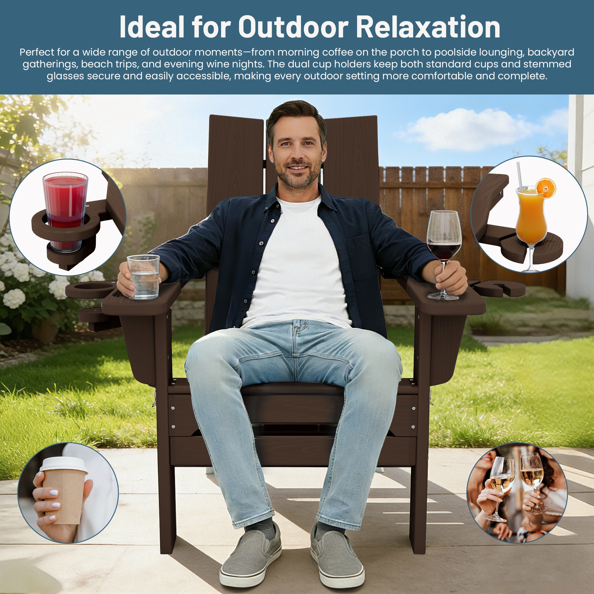 VOUA Folding Adirondack Chair with Dual Cup Holders Coffee HDPE Frame Stationary Adirondack Chair with Slat Seat - Image 4
