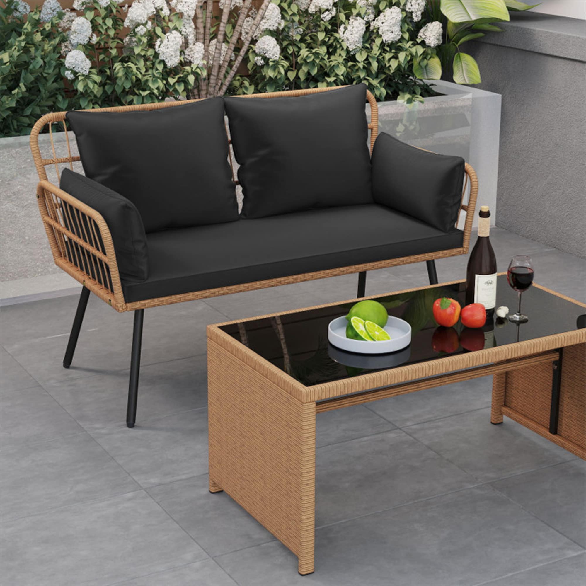 BABOOM Outdoor Rattan Sofa Rattan Outdoor Loveseat with Black Cushions and Steel Frame - Image 8