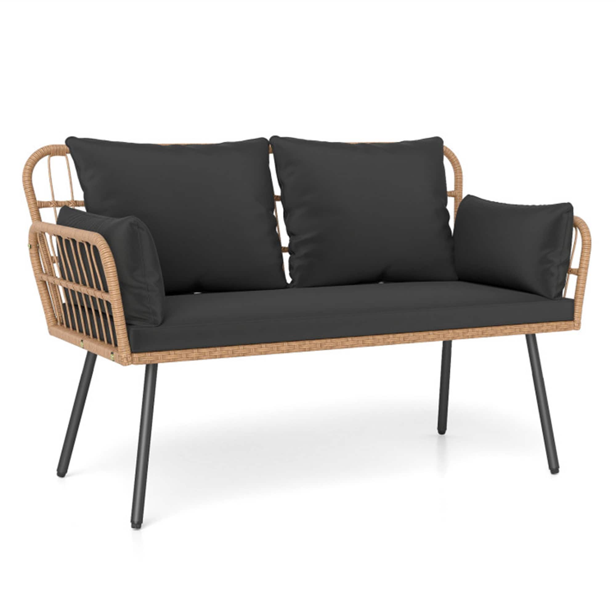 BABOOM Outdoor Rattan Sofa Rattan Outdoor Loveseat with Black Cushions and Steel Frame - Image 2