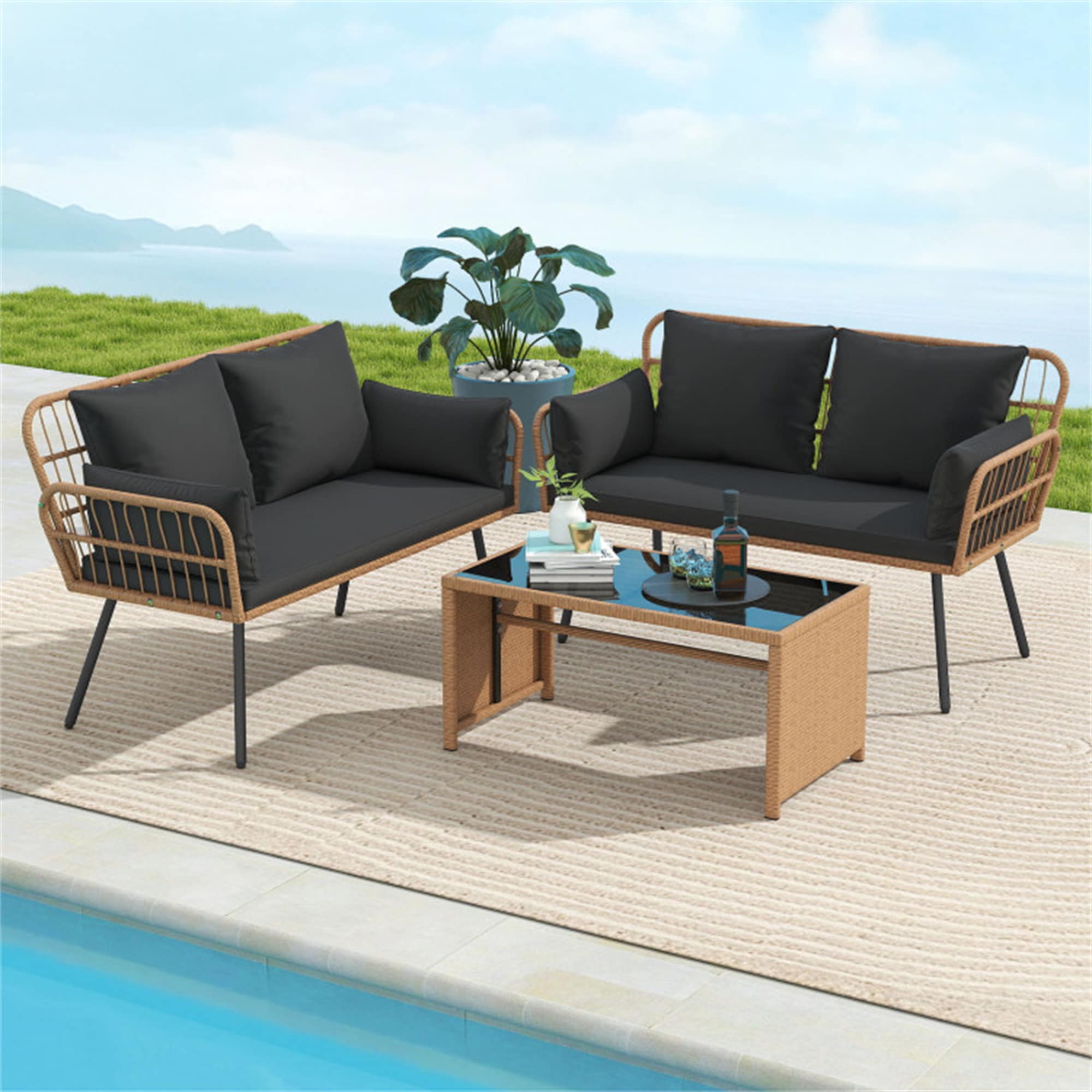 BABOOM Outdoor Rattan Sofa Rattan Outdoor Loveseat with Black Cushions and Steel Frame - Image 9