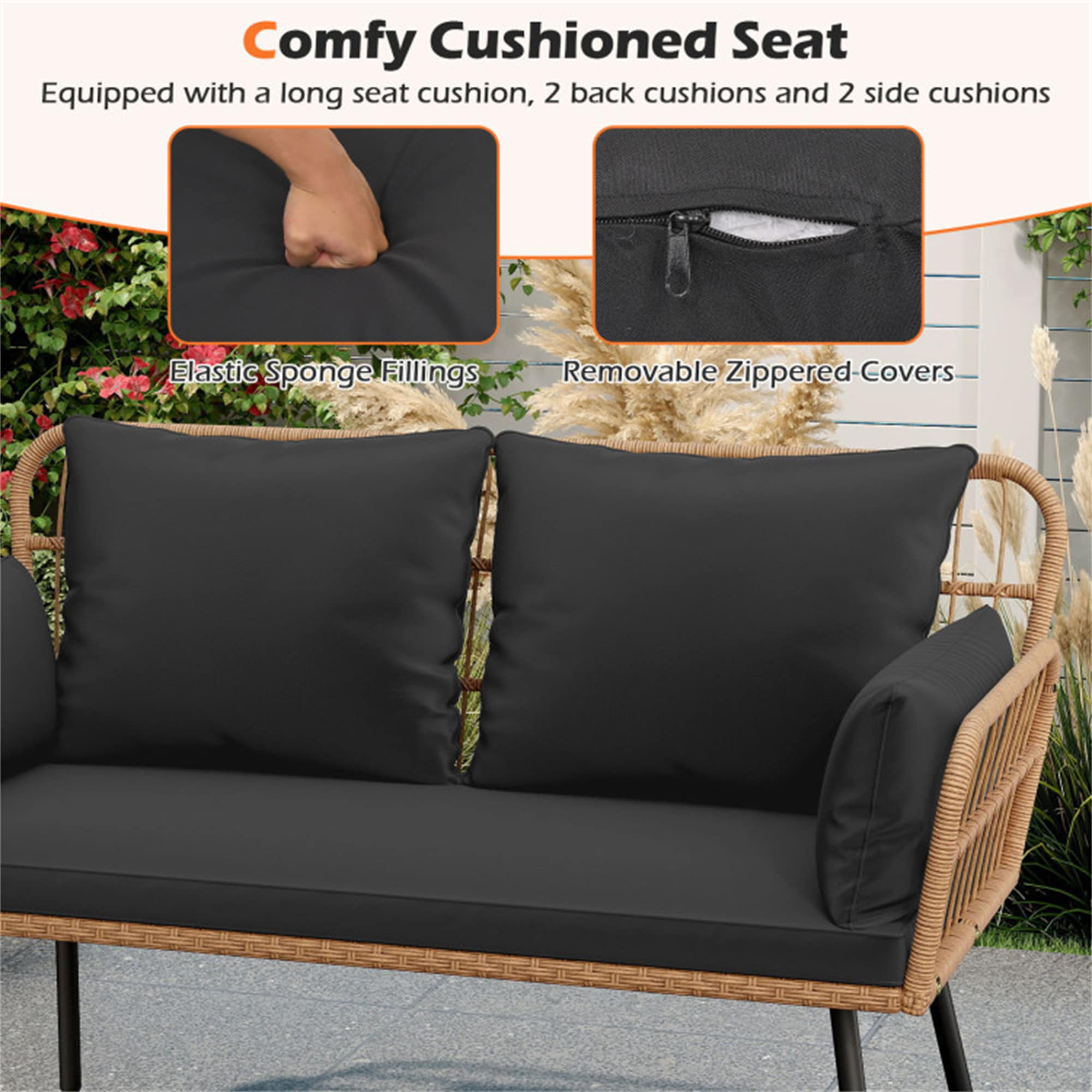 BABOOM Outdoor Rattan Sofa Rattan Outdoor Loveseat with Black Cushions and Steel Frame - Image 3