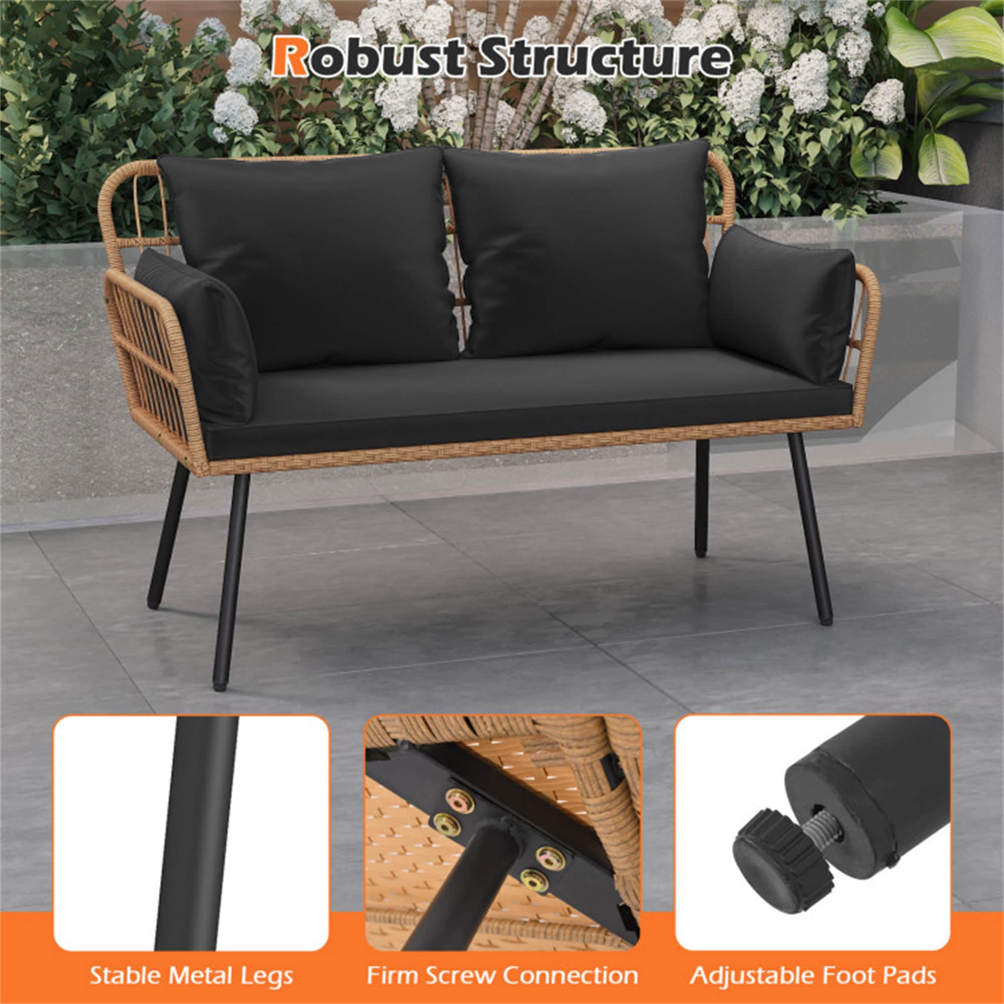 BABOOM Outdoor Rattan Sofa Rattan Outdoor Loveseat with Black Cushions and Steel Frame - Image 6