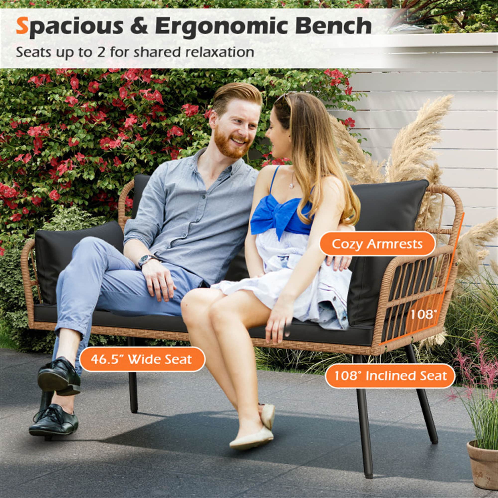 BABOOM Outdoor Rattan Sofa Rattan Outdoor Loveseat with Black Cushions and Steel Frame - Image 5