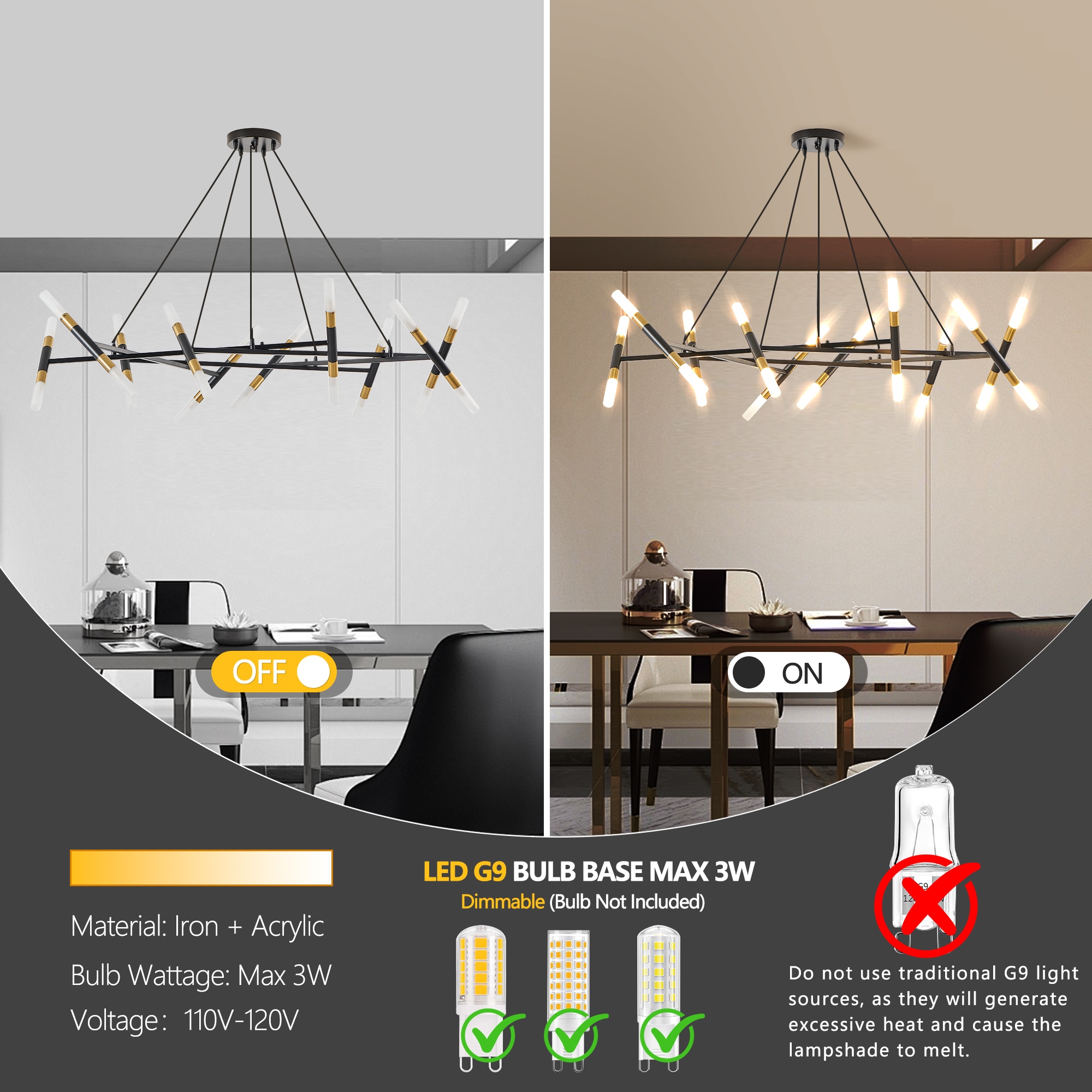 Sunrinx 20 -Light Black Acrylic Metal Chandelier - Image 8