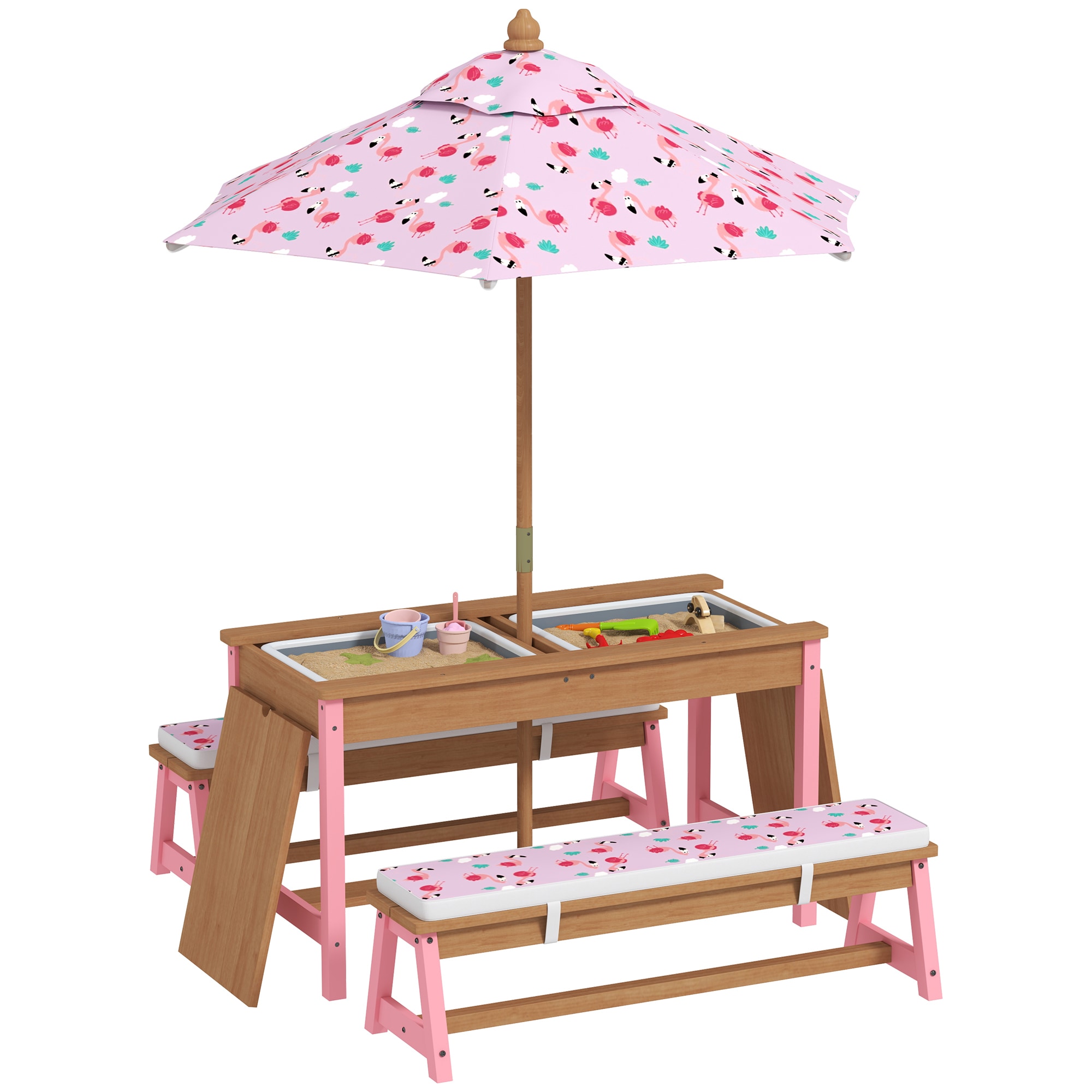 Qaba Kids Picnic Table Wooden Table and Bench Set with Foldable Umbrella Removable Cushions and Boxes Flamingo Theme for Patio Pink
