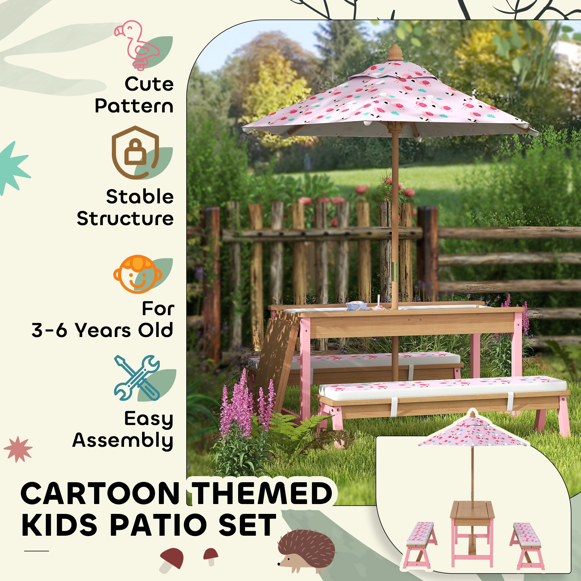 Qaba Kids Picnic Table Wooden Table and Bench Set with Foldable Umbrella Removable Cushions and Boxes Flamingo Theme for Patio Pink - Image 8
