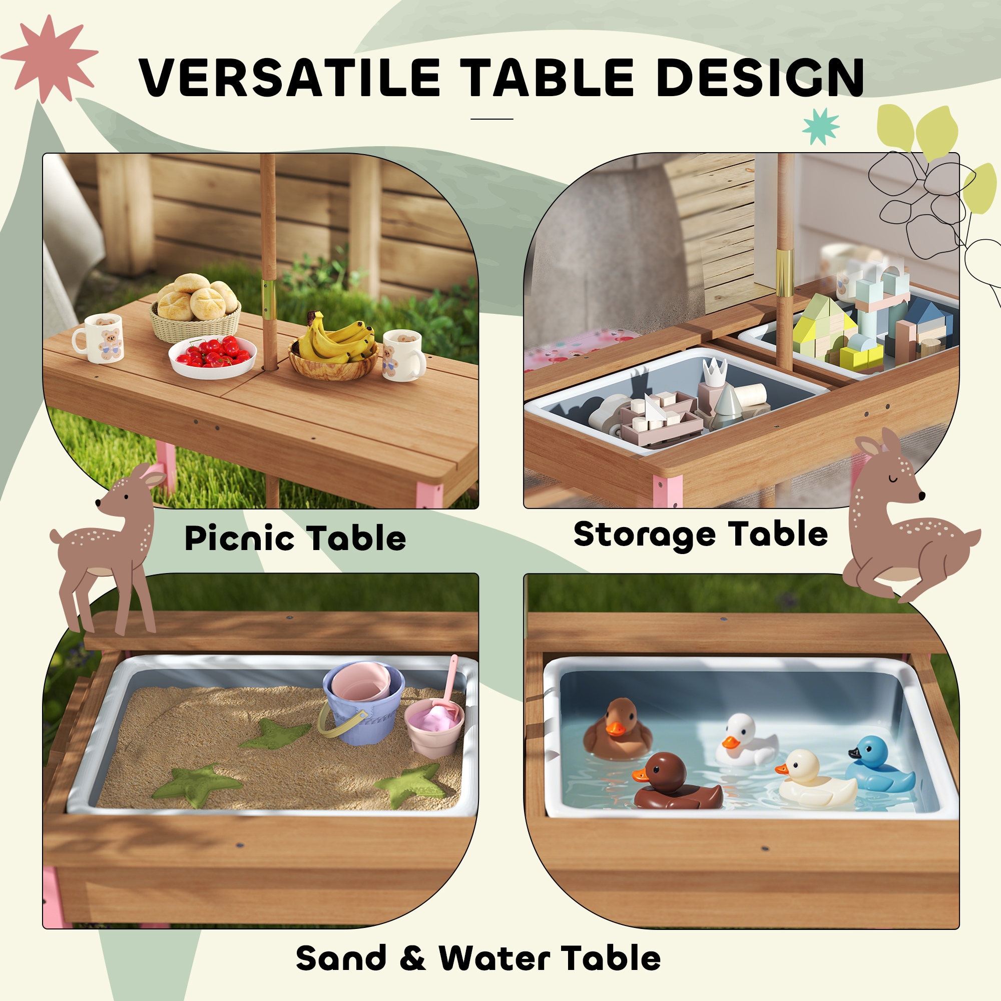 Qaba Kids Picnic Table Wooden Table and Bench Set with Foldable Umbrella Removable Cushions and Boxes Flamingo Theme for Patio Pink - Image 9