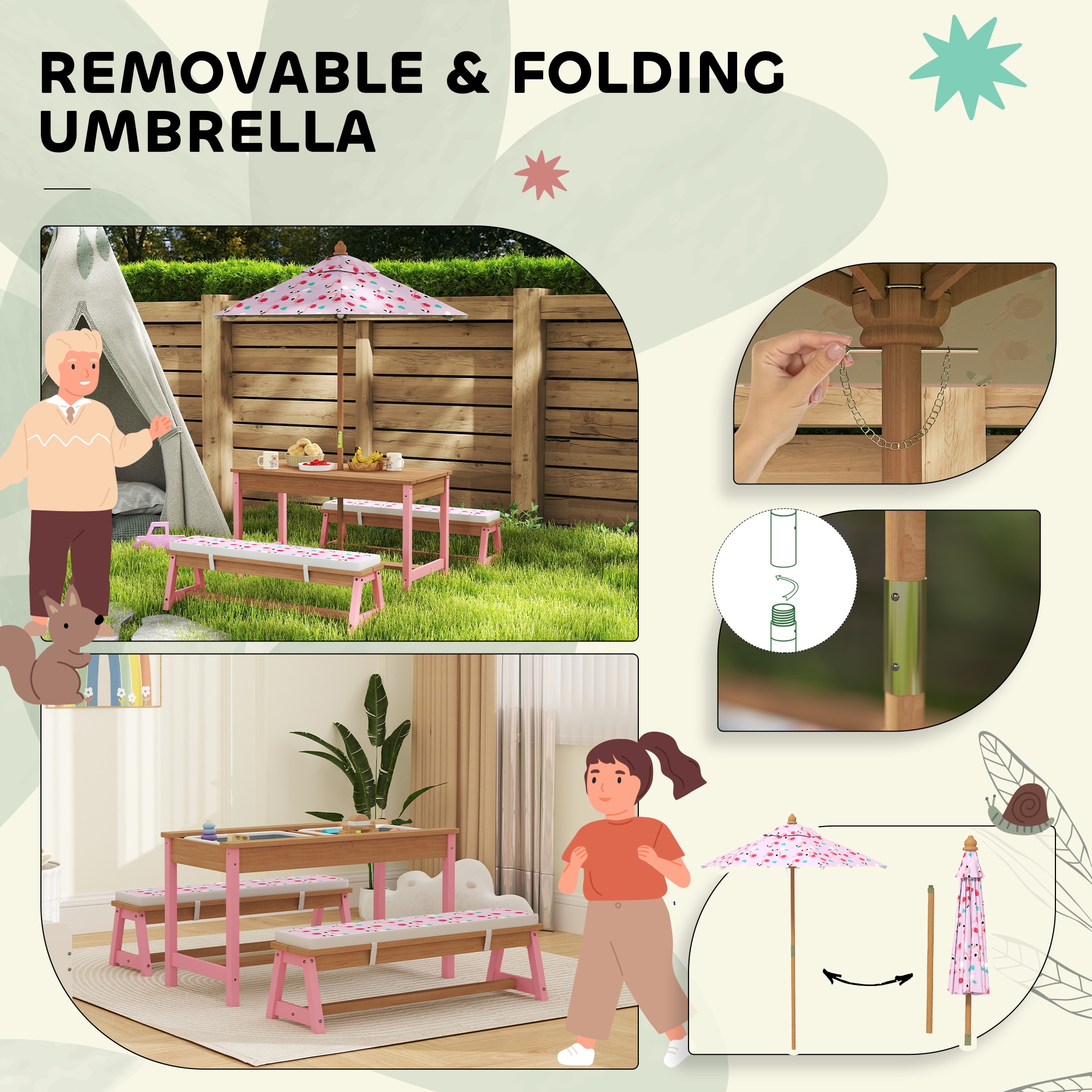 Qaba Kids Picnic Table Wooden Table and Bench Set with Foldable Umbrella Removable Cushions and Boxes Flamingo Theme for Patio Pink - Image 5