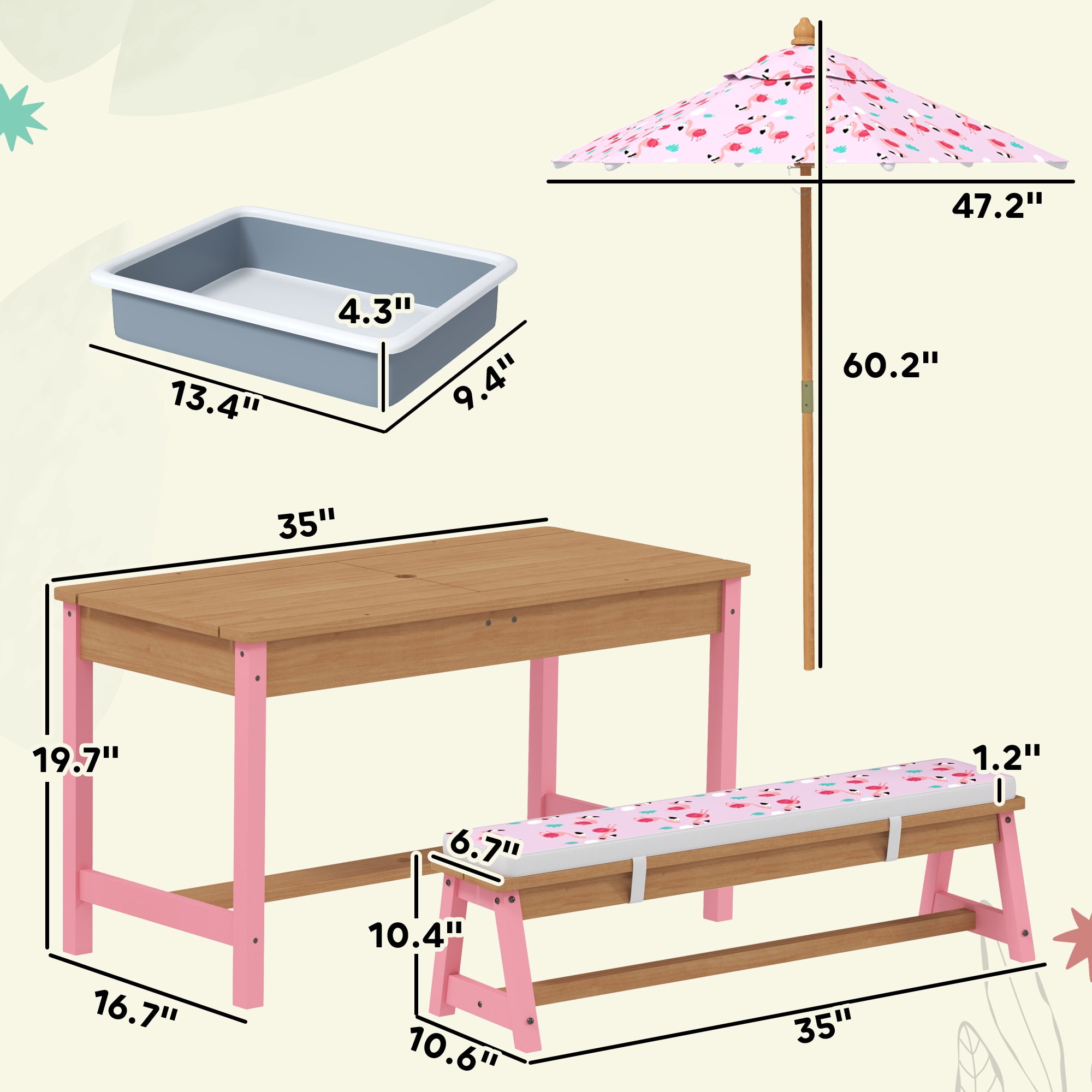 Qaba Kids Picnic Table Wooden Table and Bench Set with Foldable Umbrella Removable Cushions and Boxes Flamingo Theme for Patio Pink - Image 6
