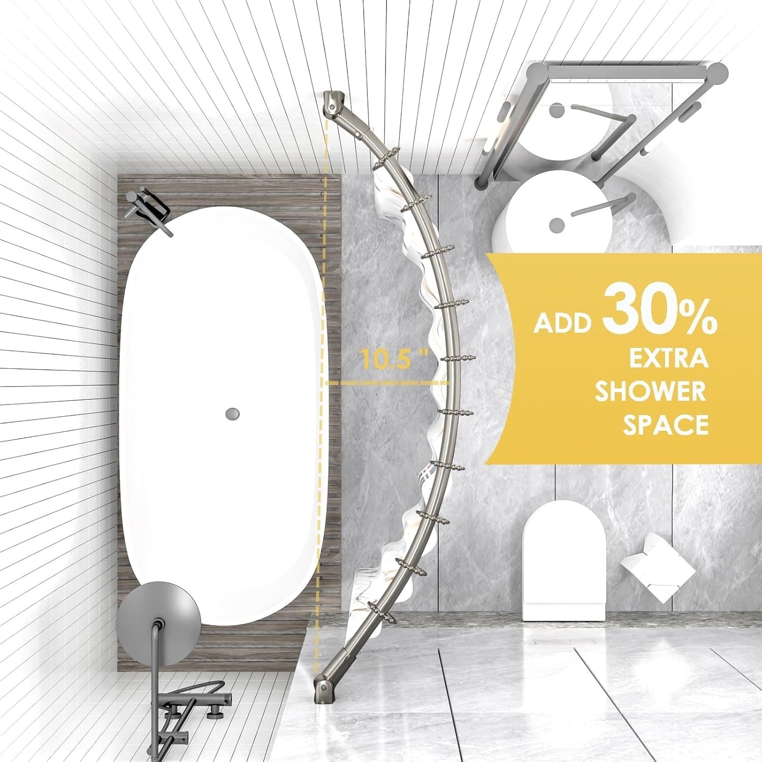 Paradigms Interiors 42 to 72 Inch Extra Wide Adjustable Curved Shower Curtain Rod Nickel Stainless Steel Rust Proof with Rotating Bracket Requires Drilling - Image 2