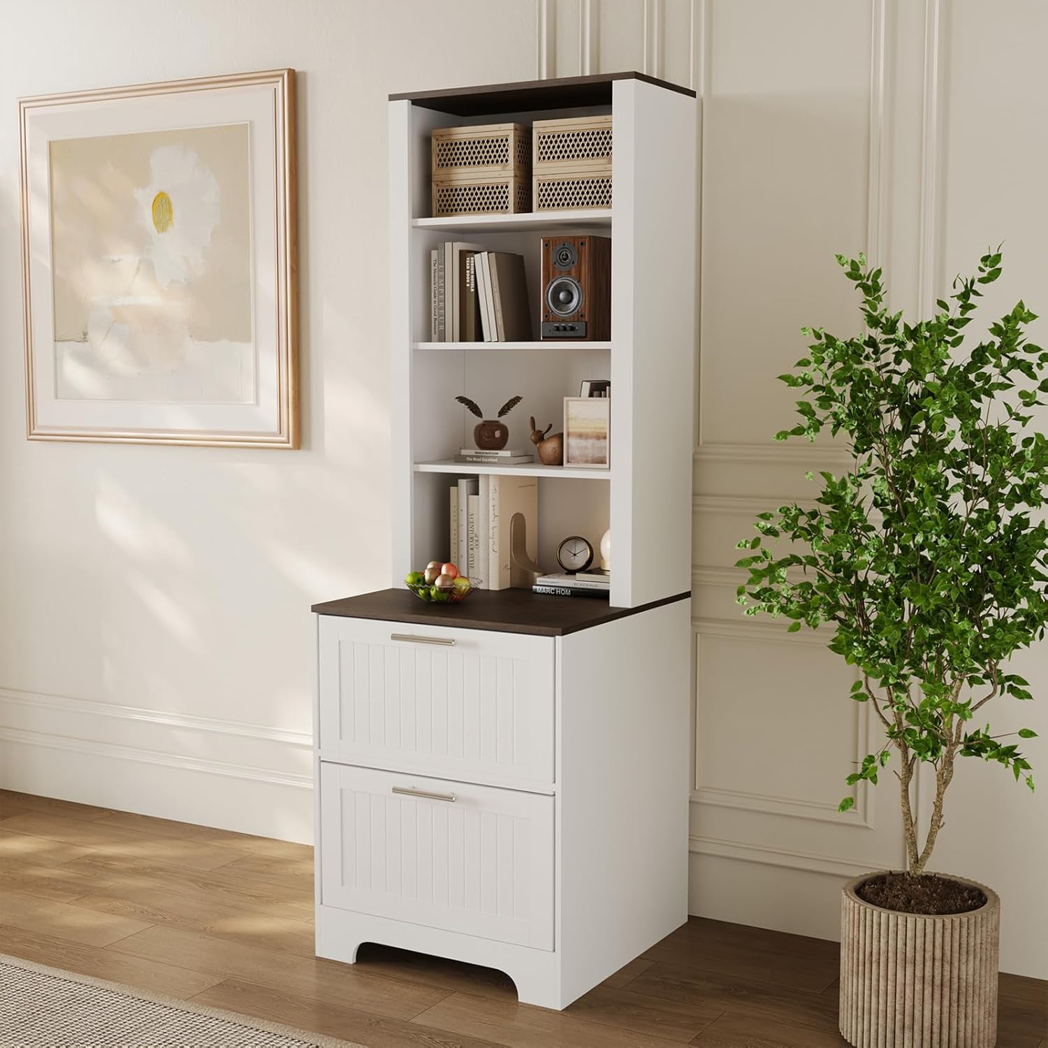 Garvee 72in Tall Bookshelf with 2 File Drawers Wooden Farmhouse Bookcase Storage Cabinet 2 Adjustable Shelves Home Office Living Room White - Image 2