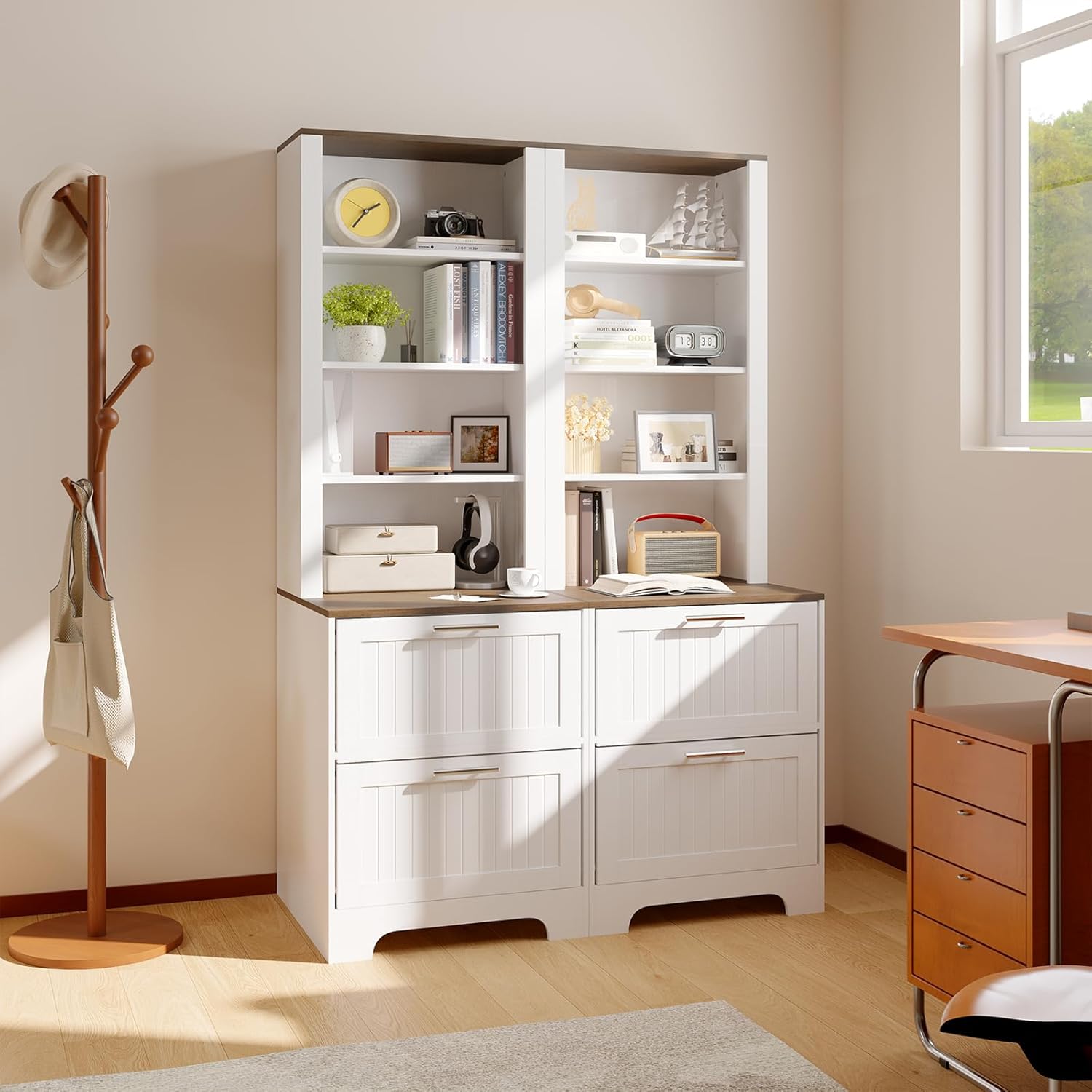 Garvee 72in Tall Bookshelf with 2 File Drawers Wooden Farmhouse Bookcase Storage Cabinet 2 Adjustable Shelves Home Office Living Room White - Image 6