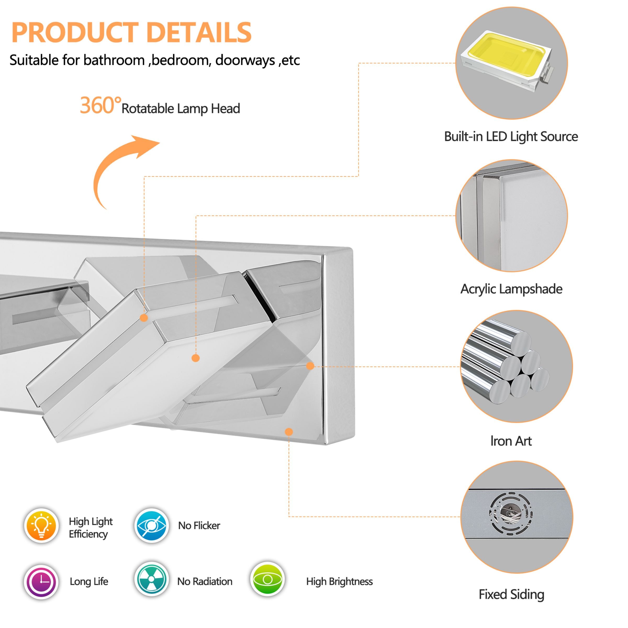 WELLFOR YX 47.2-in 6 Light Chrome Integrated LED Modern/contemporary Bathroom Vanity light - Image 5