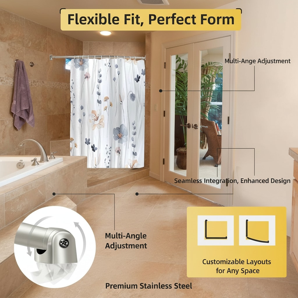 Paradigms Interiors 42 to 72 Inch Extra Wide Adjustable Curved Shower Curtain Rod Nickel Stainless Steel Rust Proof with Rotating Bracket Requires Drilling - Image 4
