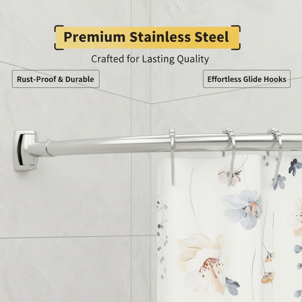 Paradigms Interiors 42 to 72 Inch Extra Wide Adjustable Curved Shower Curtain Rod Nickel Stainless Steel Rust Proof with Rotating Bracket Requires Drilling - Image 5