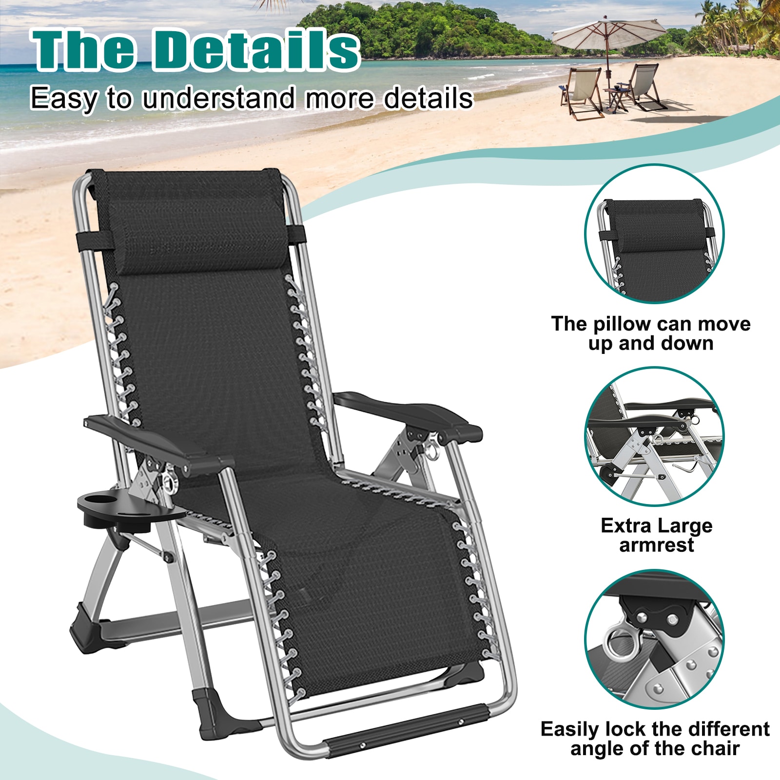 DOCRED Adjustable Zero Gravity Chair Premium Outdoor Lawn Folding Reclining Lounge Chair with Removable Cushion Headrest and Tray - Image 4