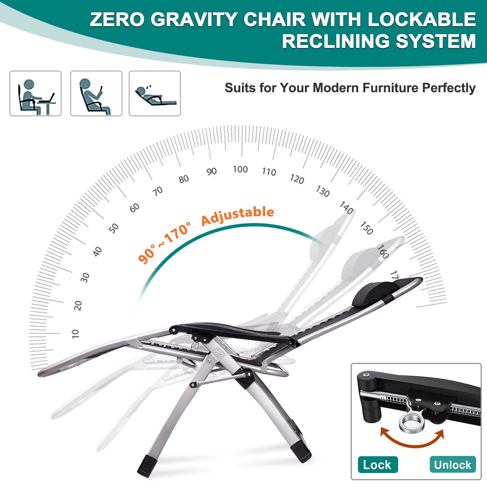DOCRED Adjustable Zero Gravity Chair Premium Outdoor Lawn Folding Reclining Lounge Chair with Removable Cushion Headrest and Tray - Image 3