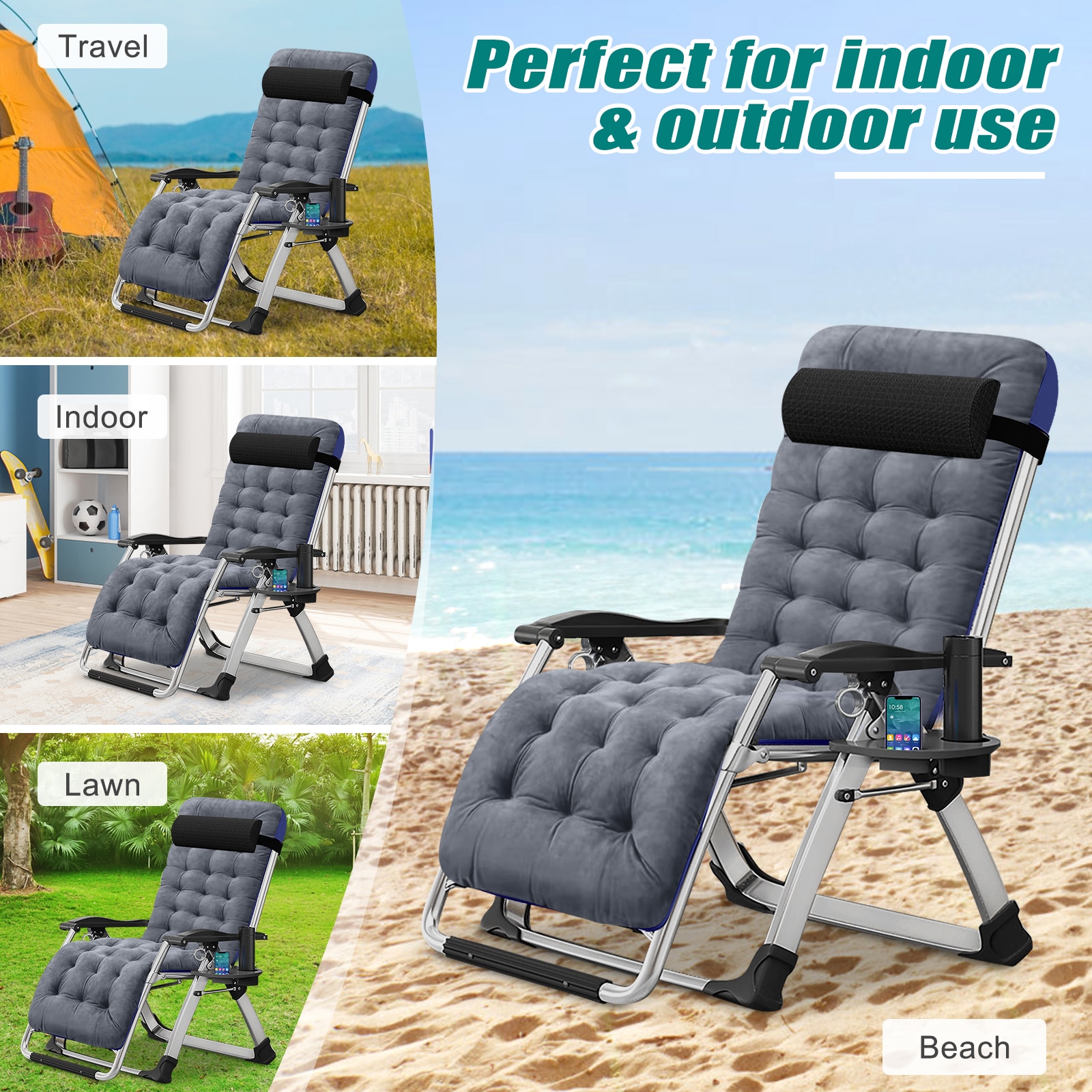 DOCRED Adjustable Zero Gravity Chair Premium Outdoor Lawn Folding Reclining Lounge Chair with Removable Cushion Headrest and Tray - Image 5