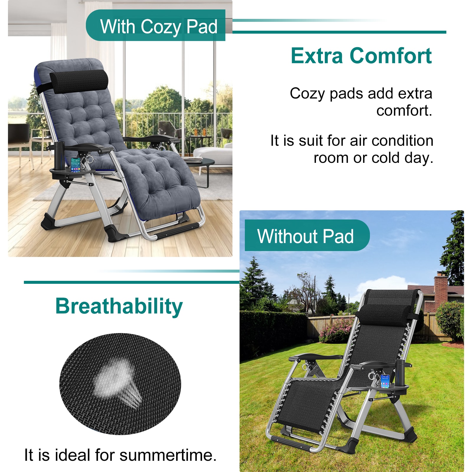 DOCRED Adjustable Zero Gravity Chair Premium Outdoor Lawn Folding Reclining Lounge Chair with Removable Cushion Headrest and Tray - Image 7