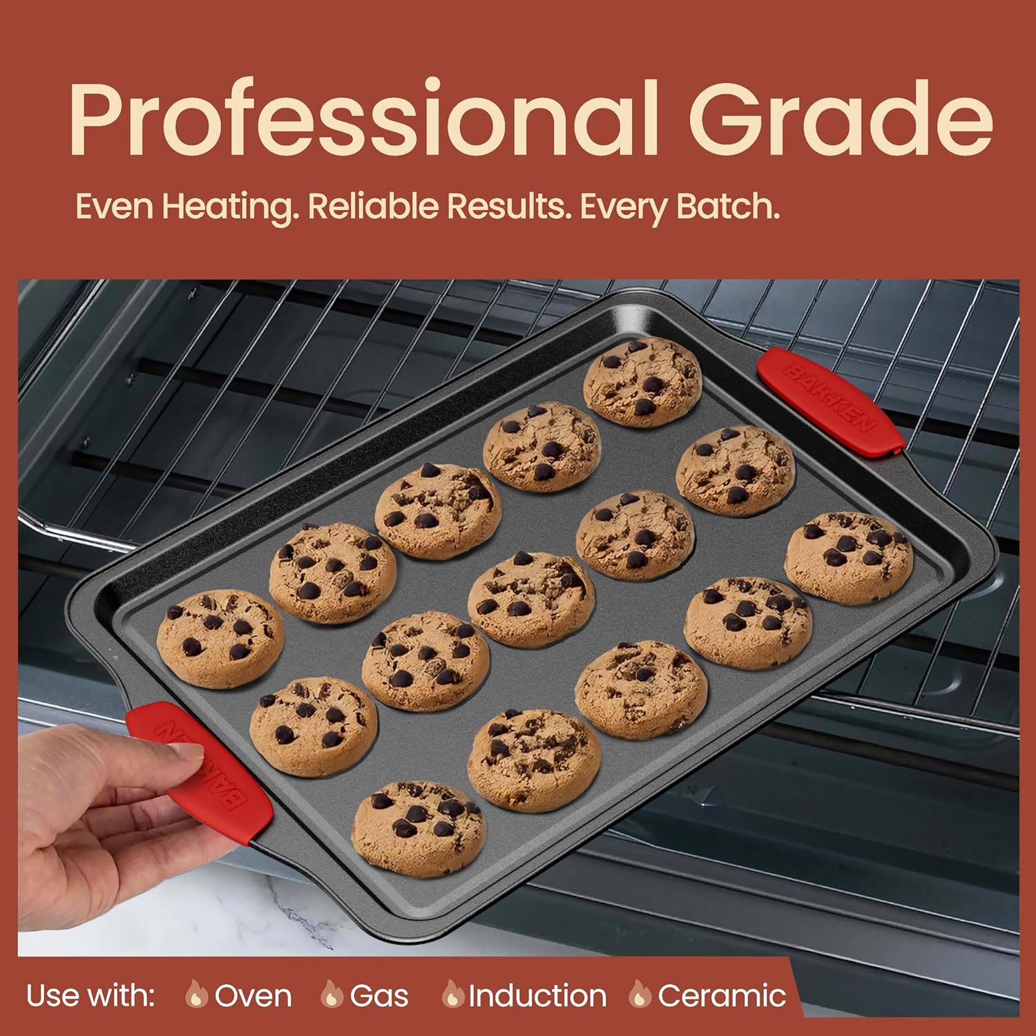 Bakken Swiss 8 Piece Bakeware Set Nonstick Carbon Steel Baking Pans with Red Silicone Handles Oven Safe 450F Includes Cookie Sheets Muffin Pan Loaf Pan Round Cake Pan Square Pan Roasting Pan PFOA PFOS PTFE Free - Image 3