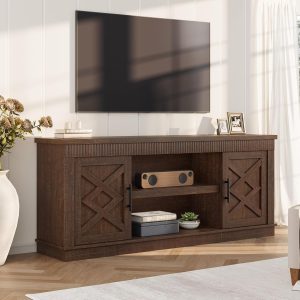 Garvee Farmhouse TV Stand for 70/75 in TVs 65 in Long Entertainment Center w/ 2 Door and Open Storage Shelf Rustic Fluted Television Consoles Stands for Living Room Bedroom