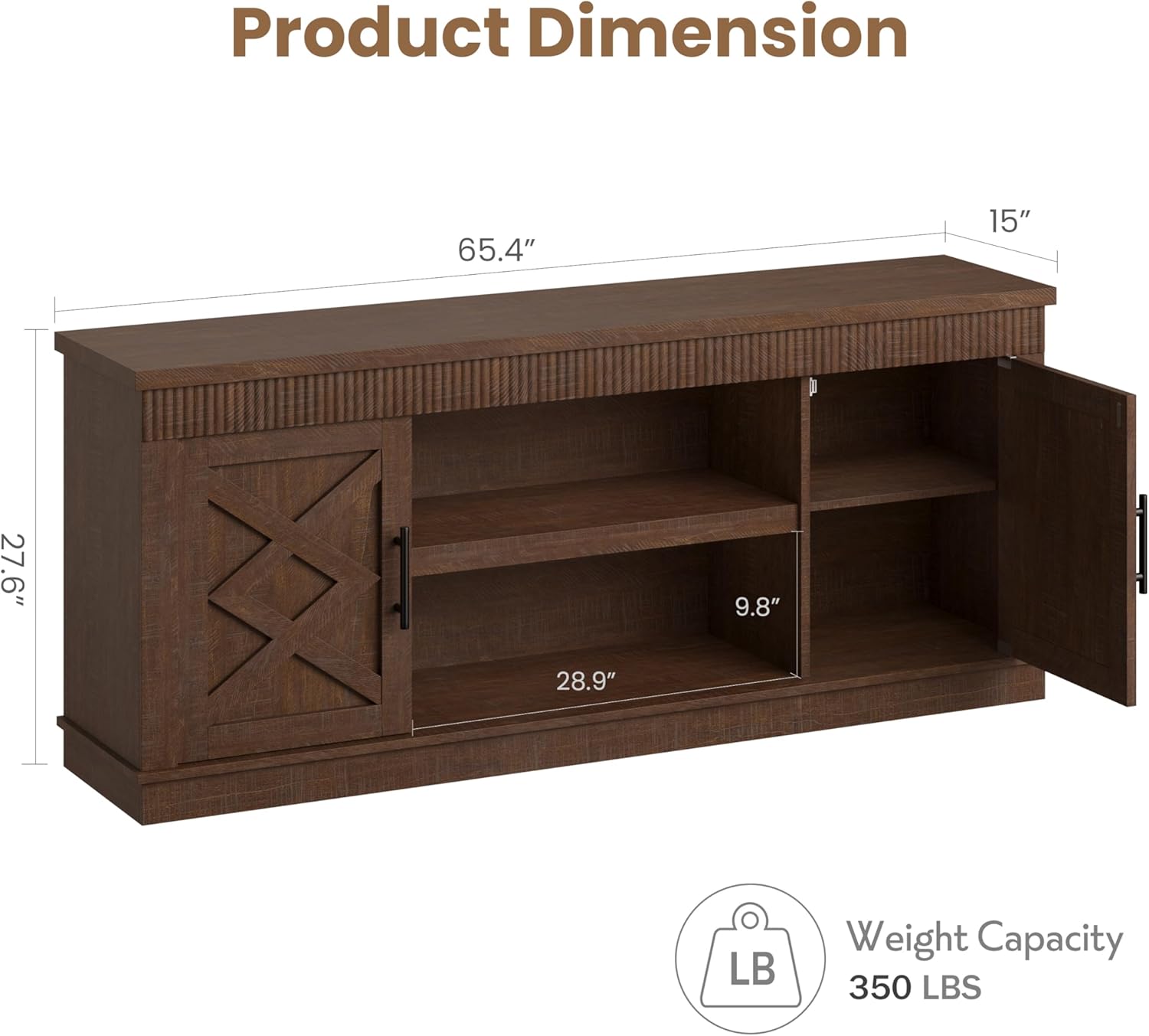 Garvee Farmhouse TV Stand for 70/75 in TVs 65 in Long Entertainment Center w/ 2 Door and Open Storage Shelf Rustic Fluted Television Consoles Stands for Living Room Bedroom - Image 2