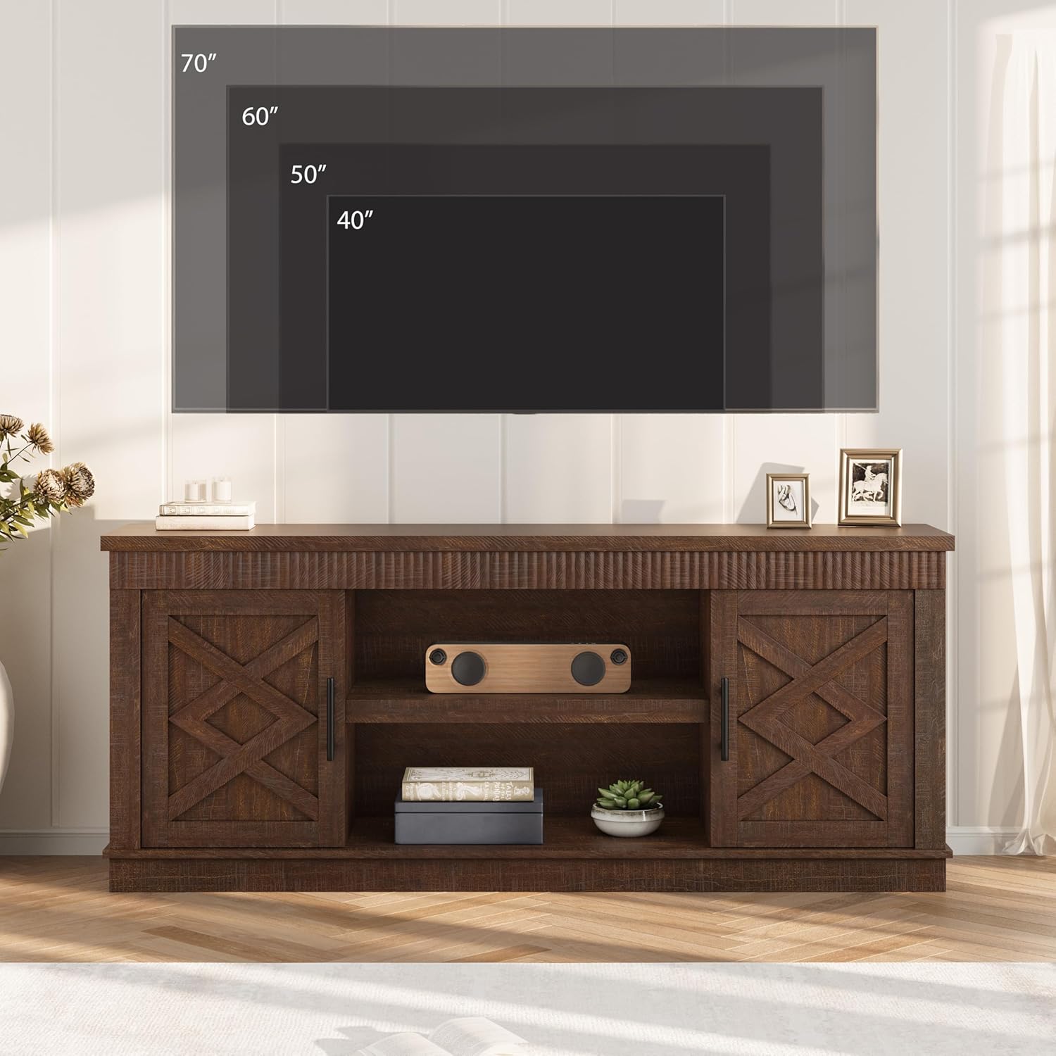 Garvee Farmhouse TV Stand for 70/75 in TVs 65 in Long Entertainment Center w/ 2 Door and Open Storage Shelf Rustic Fluted Television Consoles Stands for Living Room Bedroom - Image 3