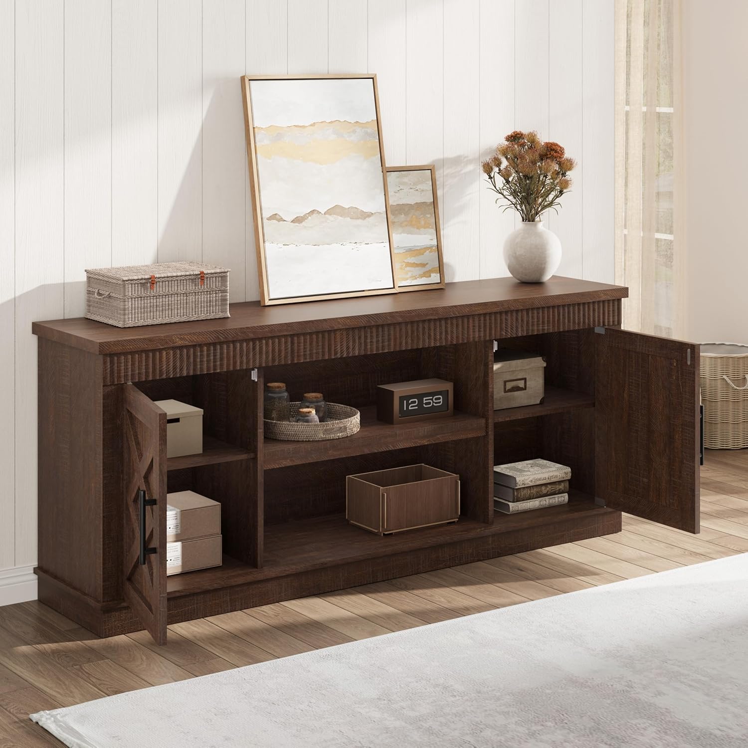 Garvee Farmhouse TV Stand for 70/75 in TVs 65 in Long Entertainment Center w/ 2 Door and Open Storage Shelf Rustic Fluted Television Consoles Stands for Living Room Bedroom - Image 4