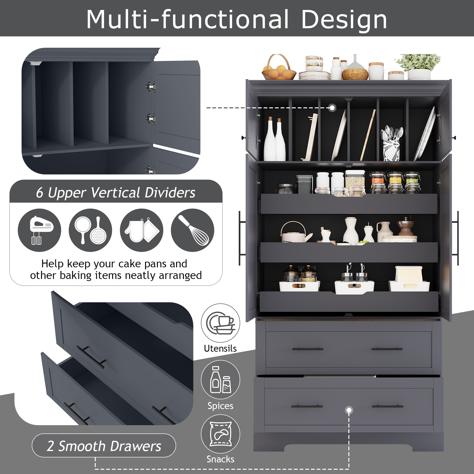 ModernLuxe Assembly Required Farmhouse Freestanding 40inchx18inchx72.6inch Kitchen Pantry 4 Doors Dining Storage Cabinet with Pullout Trays Drawers and Cake Pan Storage Organizer Grey - Image 4