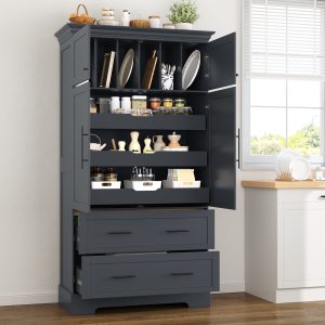 ModernLuxe Assembly Required Farmhouse Freestanding 40inchx18inchx72.6inch Kitchen Pantry 4 Doors Dining Storage Cabinet with Pullout Trays Drawers and Cake Pan Storage Organizer Grey