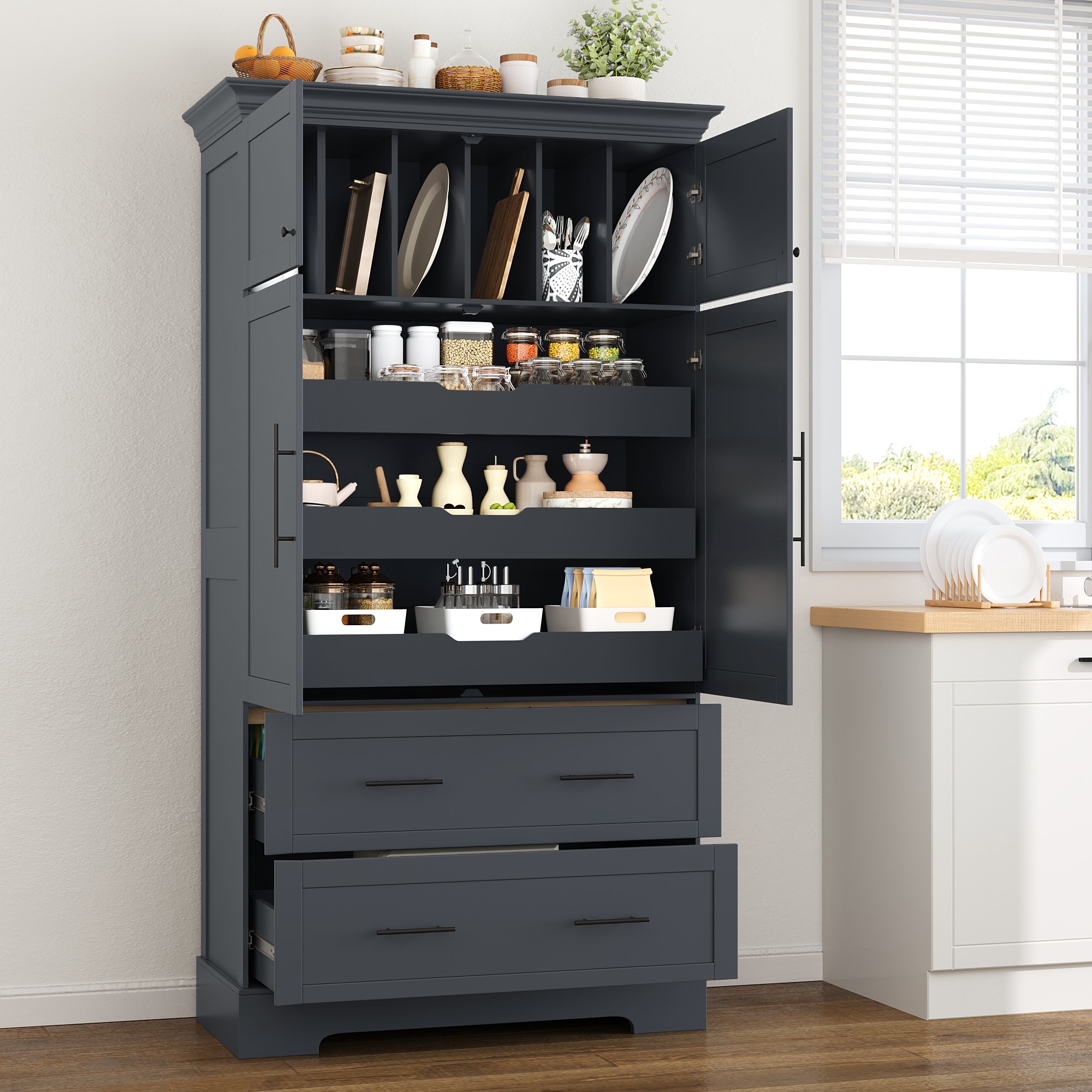 ModernLuxe Assembly Required Farmhouse Freestanding 40inchx18inchx72.6inch Kitchen Pantry 4 Doors Dining Storage Cabinet with Pullout Trays Drawers and Cake Pan Storage Organizer Grey