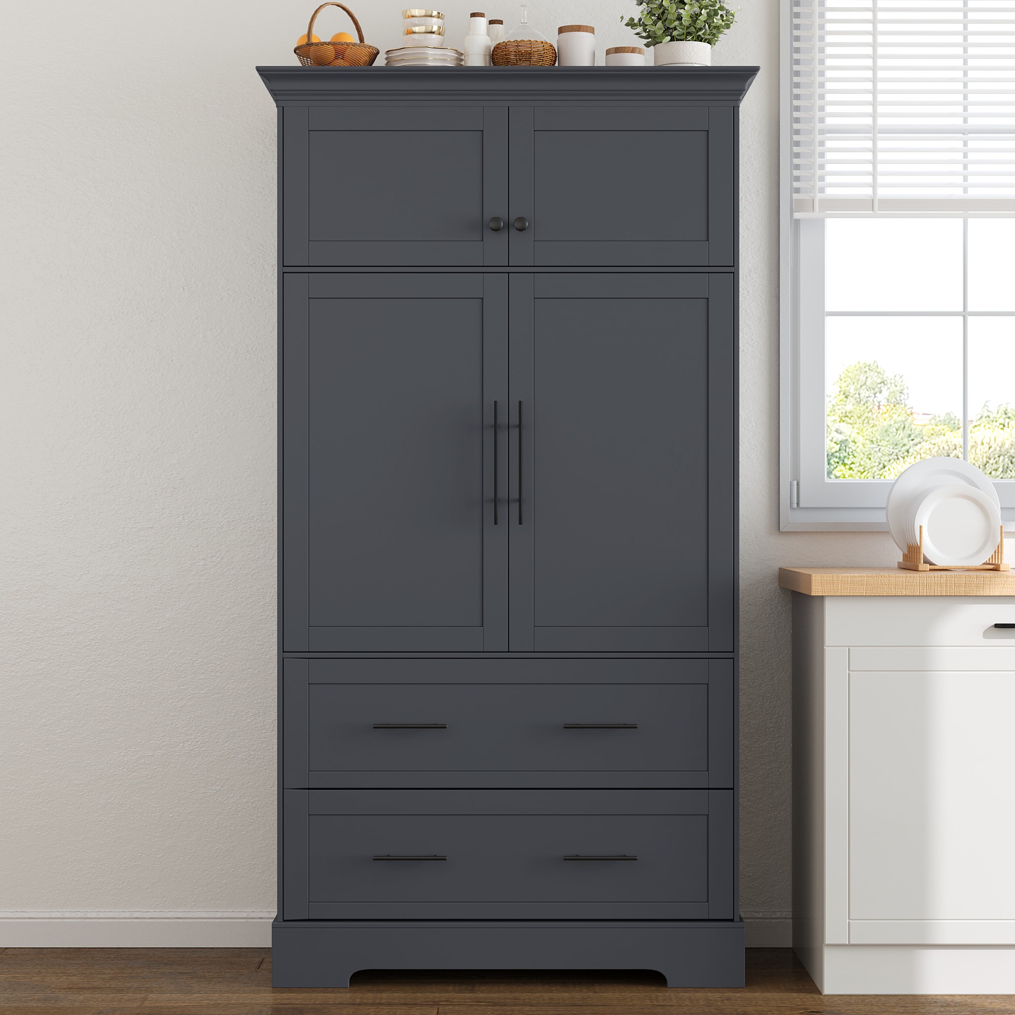 ModernLuxe Assembly Required Farmhouse Freestanding 40inchx18inchx72.6inch Kitchen Pantry 4 Doors Dining Storage Cabinet with Pullout Trays Drawers and Cake Pan Storage Organizer Grey - Image 2