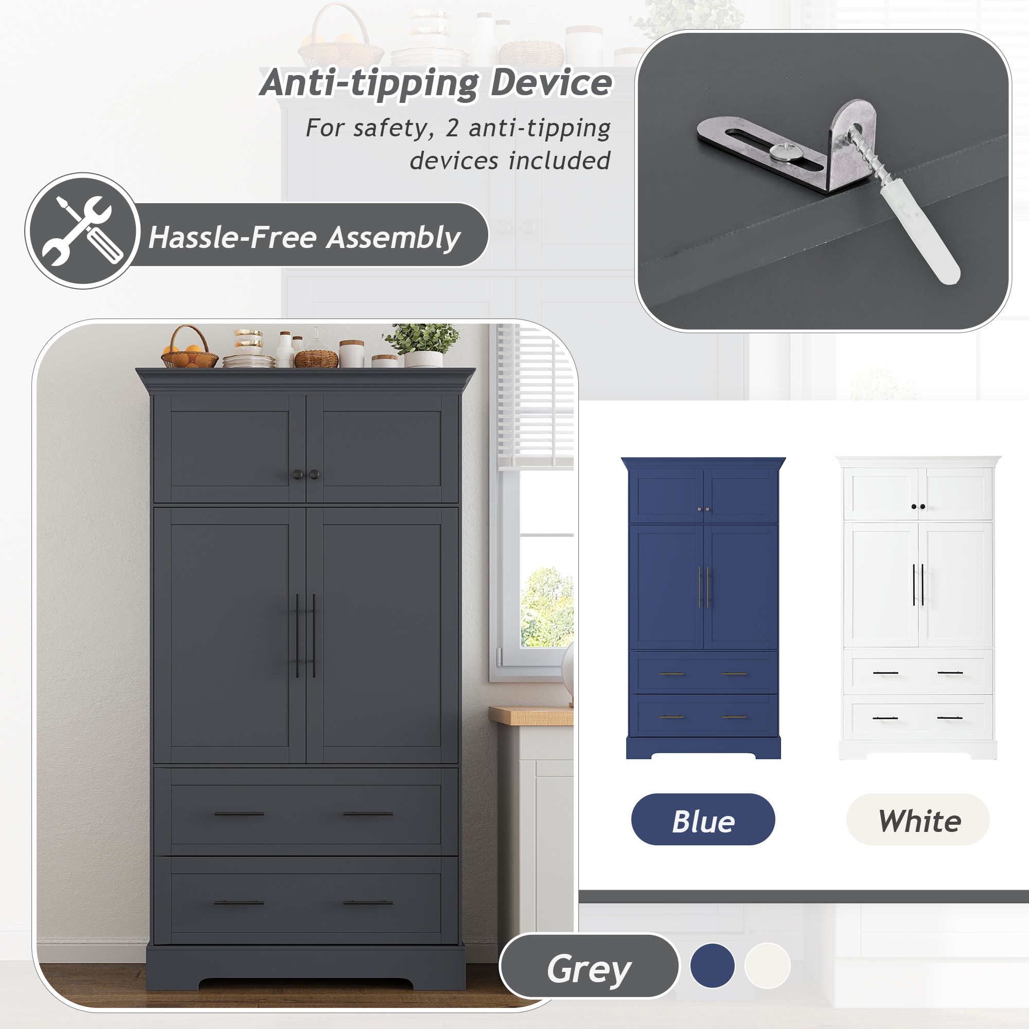 ModernLuxe Assembly Required Farmhouse Freestanding 40inchx18inchx72.6inch Kitchen Pantry 4 Doors Dining Storage Cabinet with Pullout Trays Drawers and Cake Pan Storage Organizer Grey - Image 6