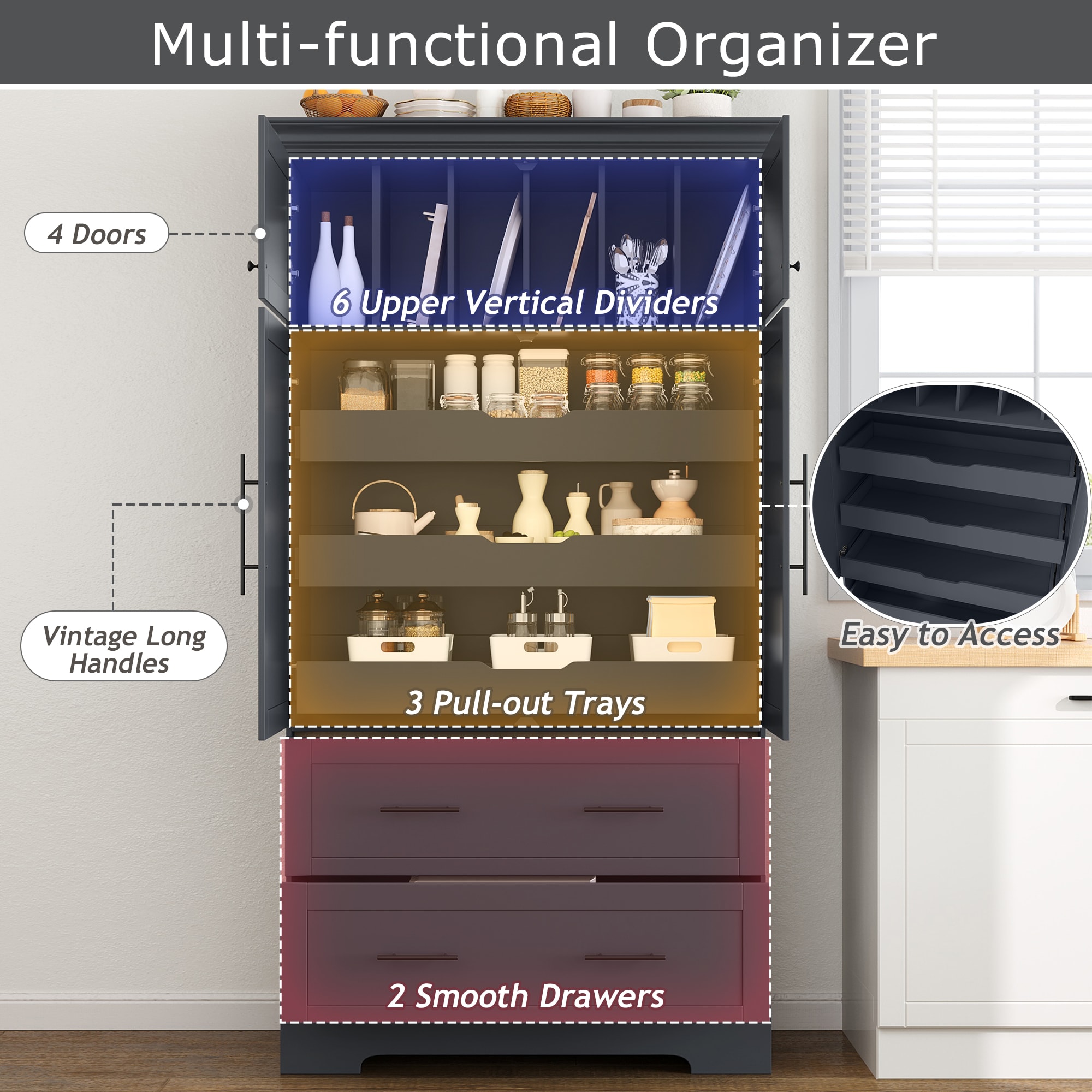 ModernLuxe Assembly Required Farmhouse Freestanding 40inchx18inchx72.6inch Kitchen Pantry 4 Doors Dining Storage Cabinet with Pullout Trays Drawers and Cake Pan Storage Organizer Grey - Image 5