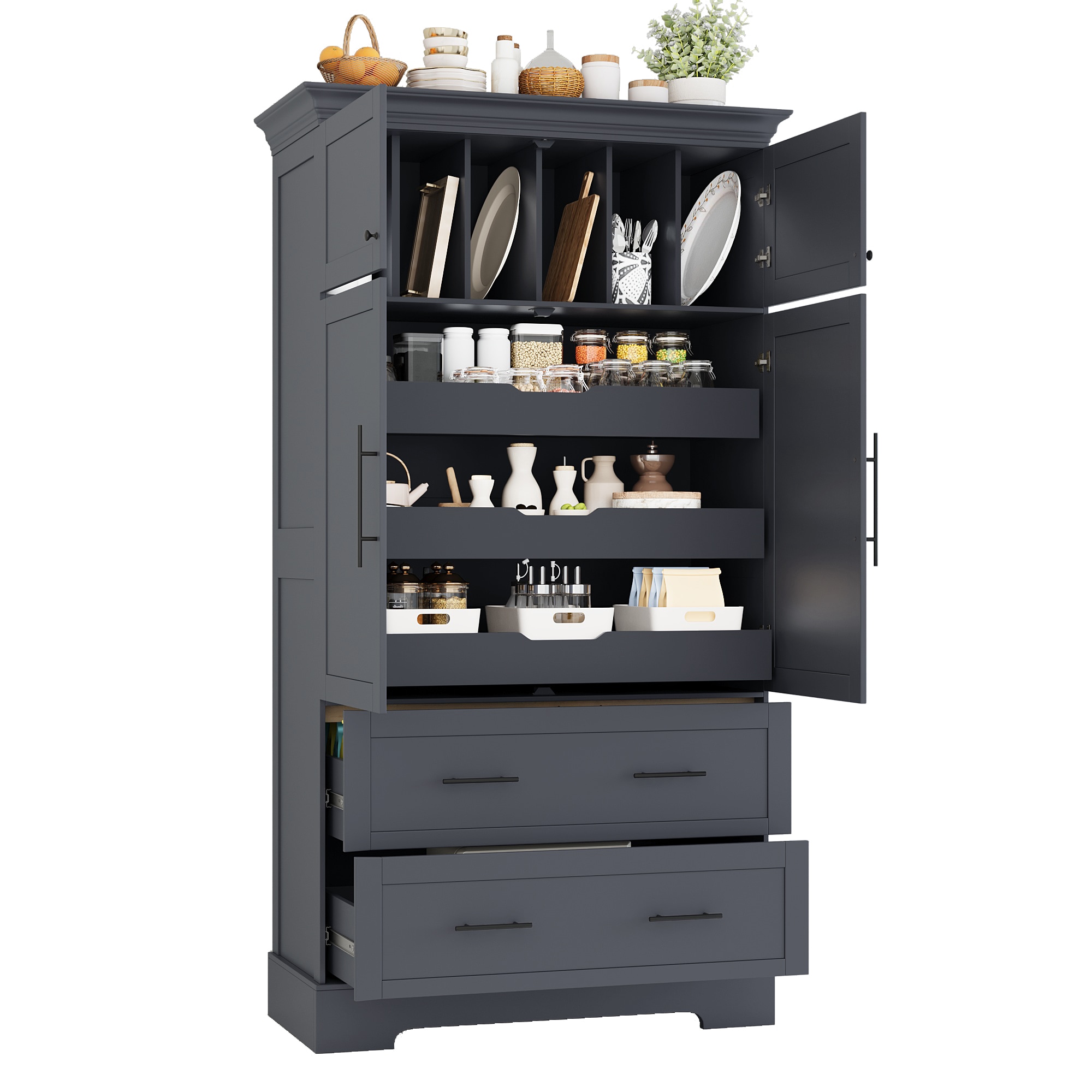 ModernLuxe Assembly Required Farmhouse Freestanding 40inchx18inchx72.6inch Kitchen Pantry 4 Doors Dining Storage Cabinet with Pullout Trays Drawers and Cake Pan Storage Organizer Grey - Image 9