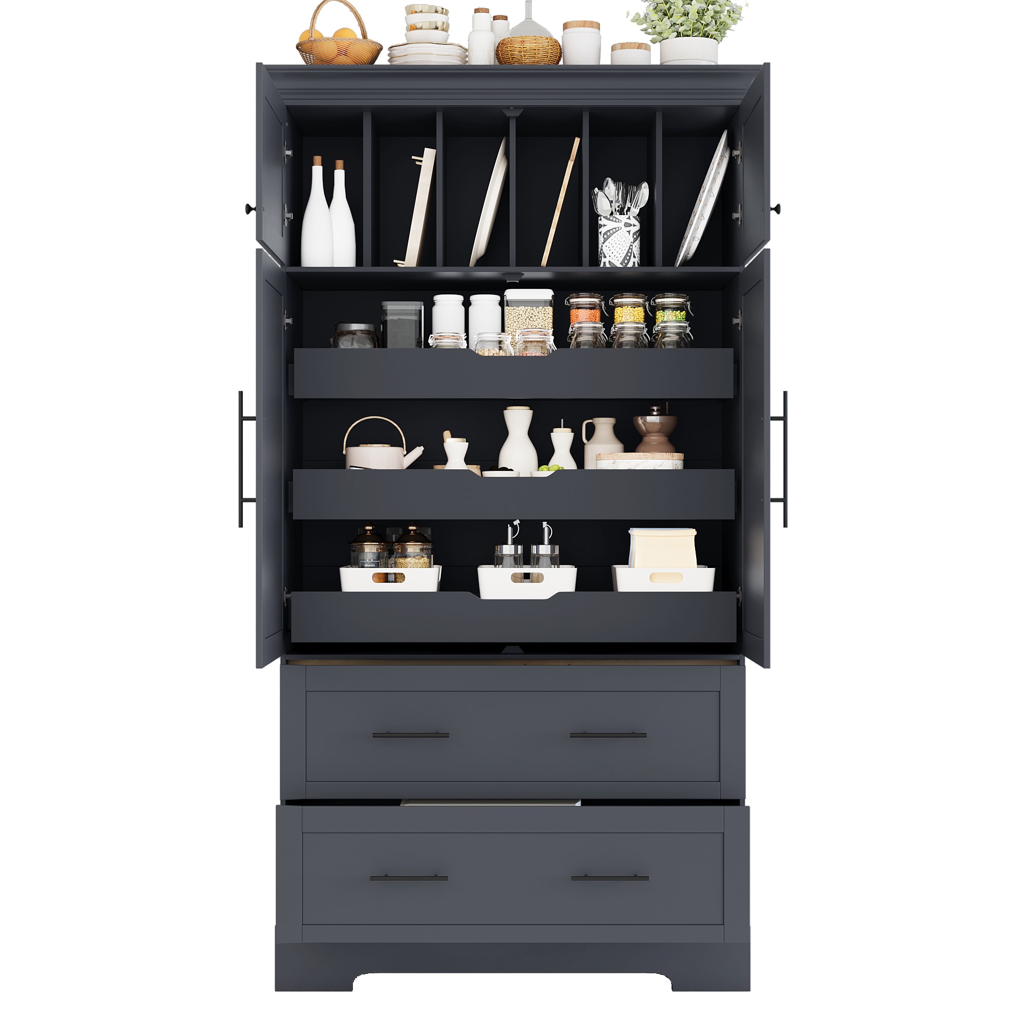ModernLuxe Assembly Required Farmhouse Freestanding 40inchx18inchx72.6inch Kitchen Pantry 4 Doors Dining Storage Cabinet with Pullout Trays Drawers and Cake Pan Storage Organizer Grey - Image 8
