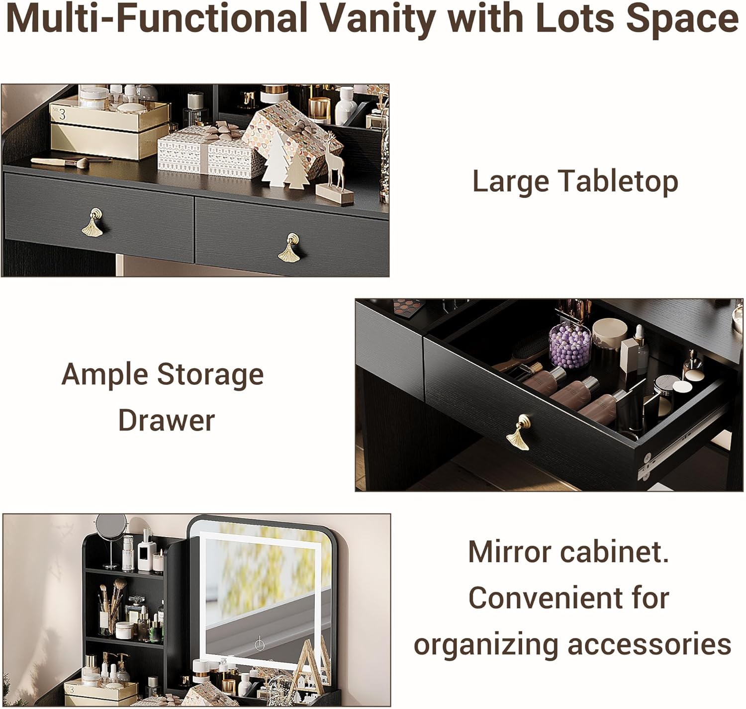 Garvee Black Vanity Desk with LED Light Mirror and Storage Stool - Small Led Vanity with Chair - Small Makeup Vanities Set for Girls and Women - Image 9