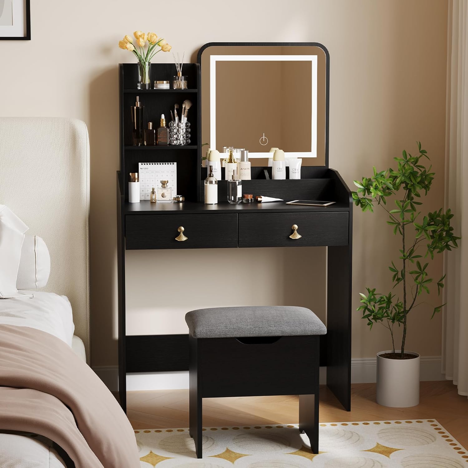 Garvee Black Vanity Desk with LED Light Mirror and Storage Stool - Small Led Vanity with Chair - Small Makeup Vanities Set for Girls and Women - Image 8