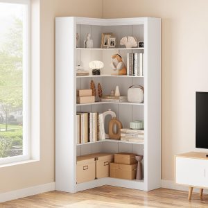 Garvee 71.8 Inch Tall White Farmhouse L-Shaped Corner Bookcase/ 5-Tier Heavy-Duty MDF/ Bright Stylish Organizer for Home Office