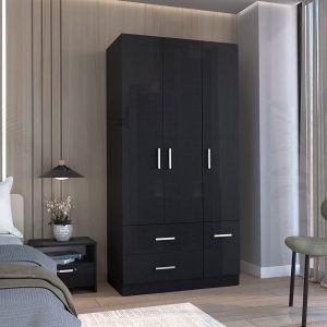 Watnature Sebree Tall Storage Wardrobe Closet with Drawer Shelves Hanging Rod and Modern Black Finish