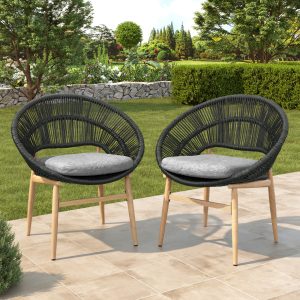 Afoxsos set of 2 outdoor wicker papasan style dining chairs dark gray faux rattan gray cushion teak finished legs weather resistant