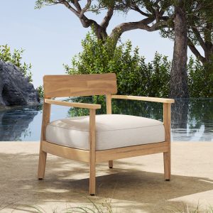 Afoxsos Mallorca Acacia Wood Outdoor Club Chair with Beige Polyester Cushion Ergonomic Curved Backrest Durable Patio Seating Set of 1