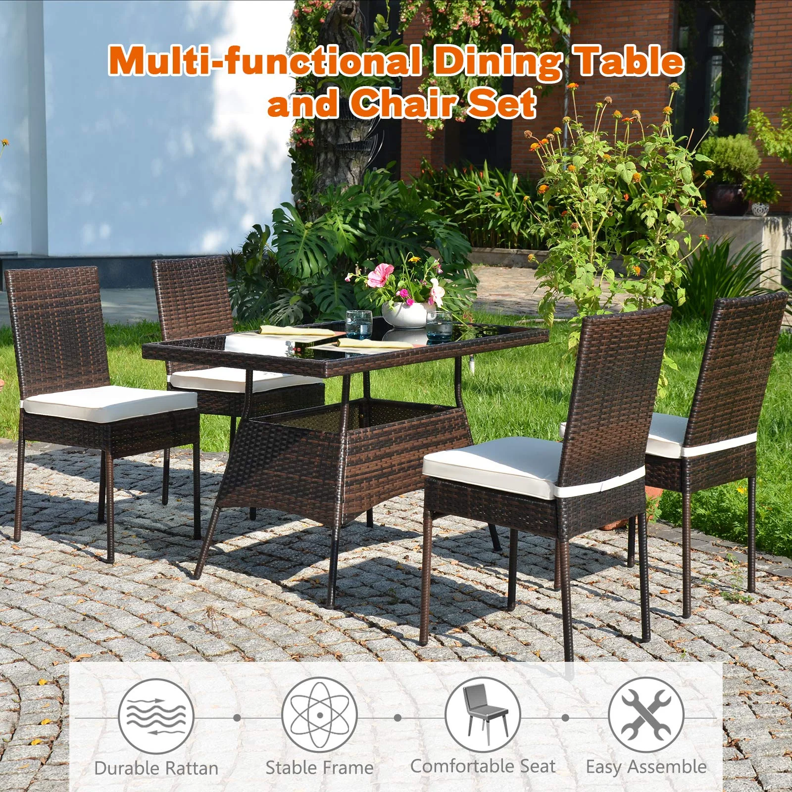 Tangkula 5 PCS Patio Wicker Dining Set, Outdoor Rattan Table and Chairs with - Image 8