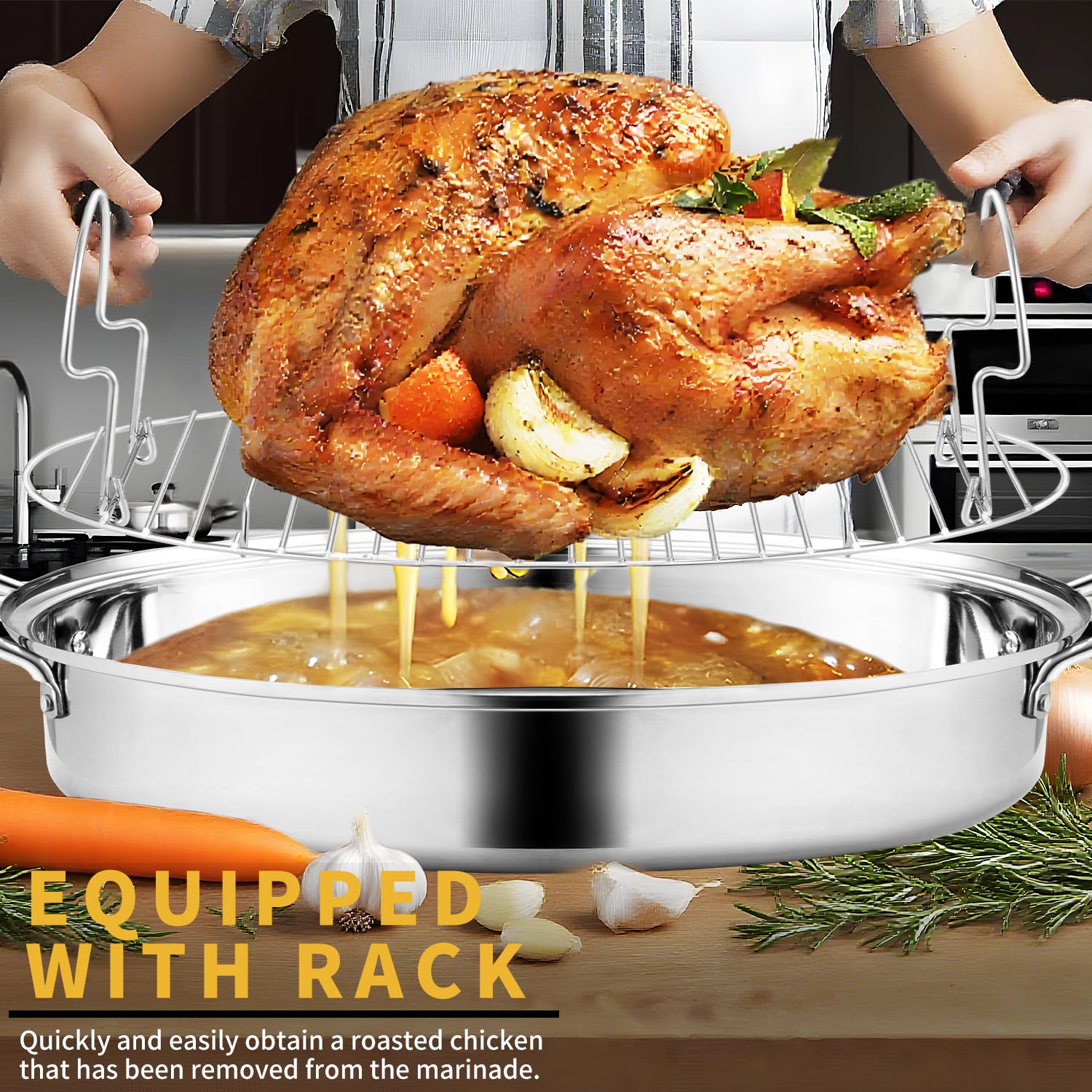 JY COOKMENT 22" Large Roasting Pan with Rack and Lid,Oval Turkey Roaster Pan for oven,Stainless Steel Roasting Pan with rack,Best Gift for Mother or Father. - Image 3