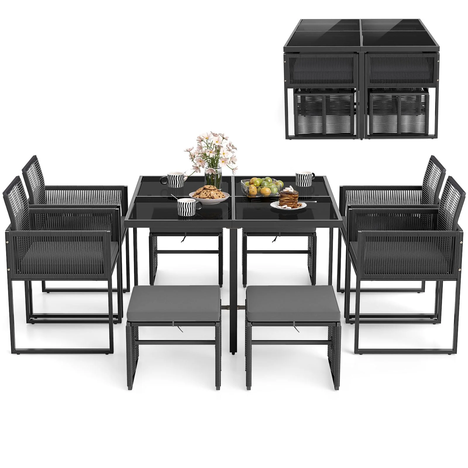 Tangkula 9 Pieces Patio Dining Set with PE Rattan Chairs